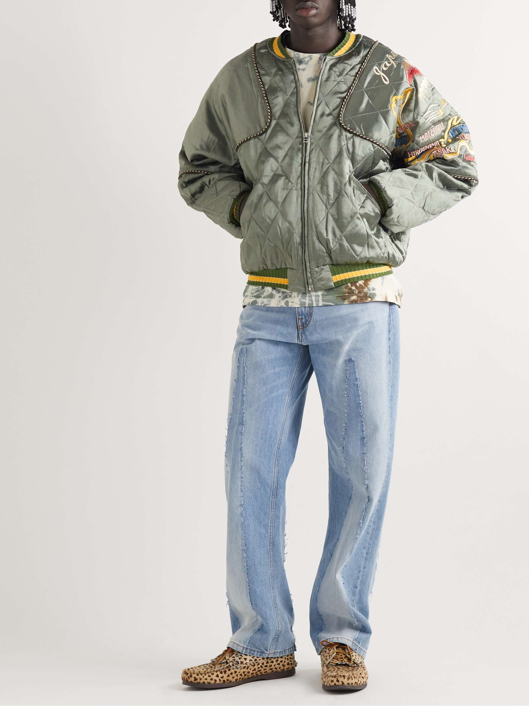 KAPITAL Convertible Embroidered Quilted Satin Bomber Jacket