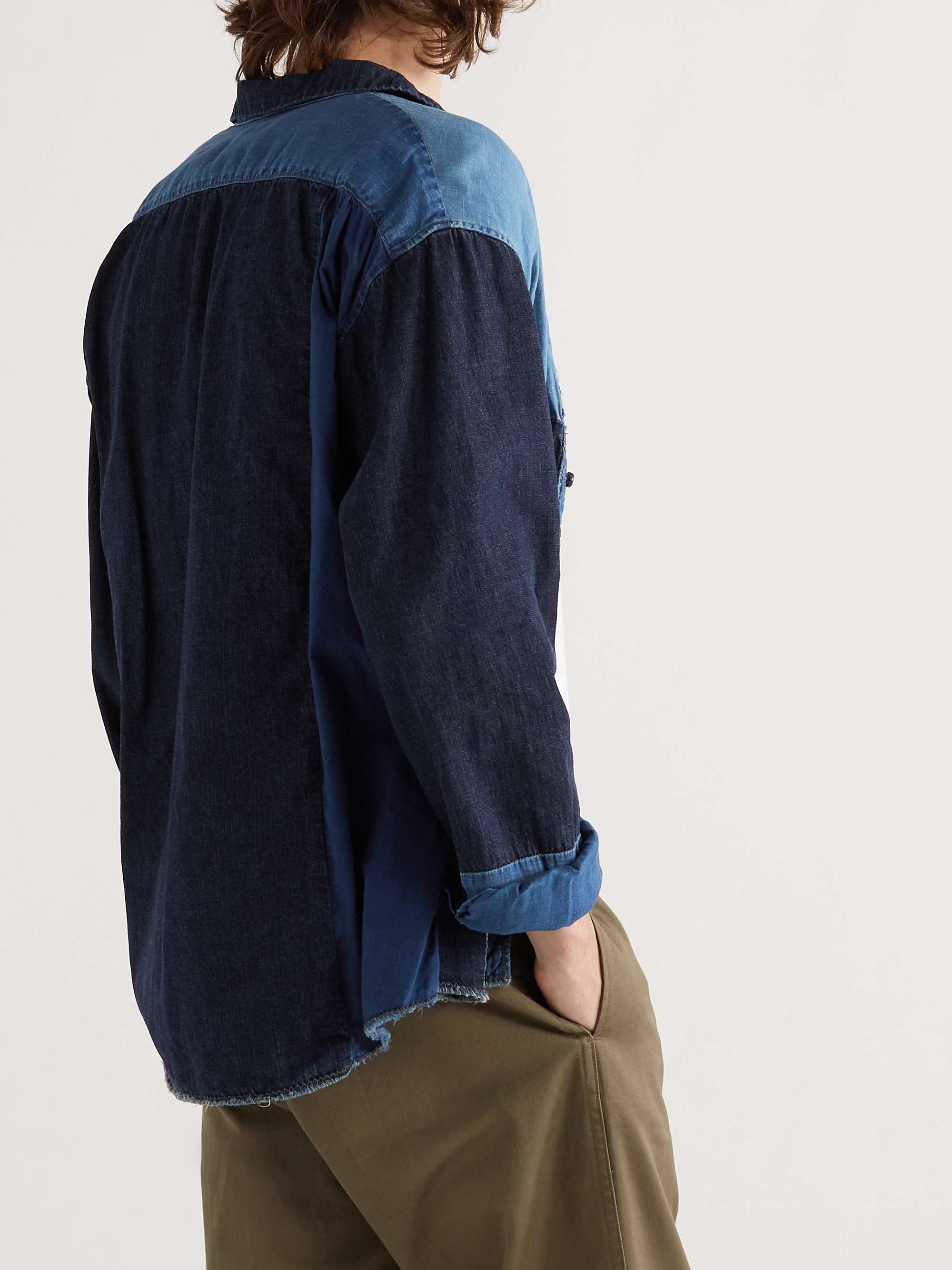 KAPITAL Printed Patchwork Cotton and Linen-Blend Chambray Shirt