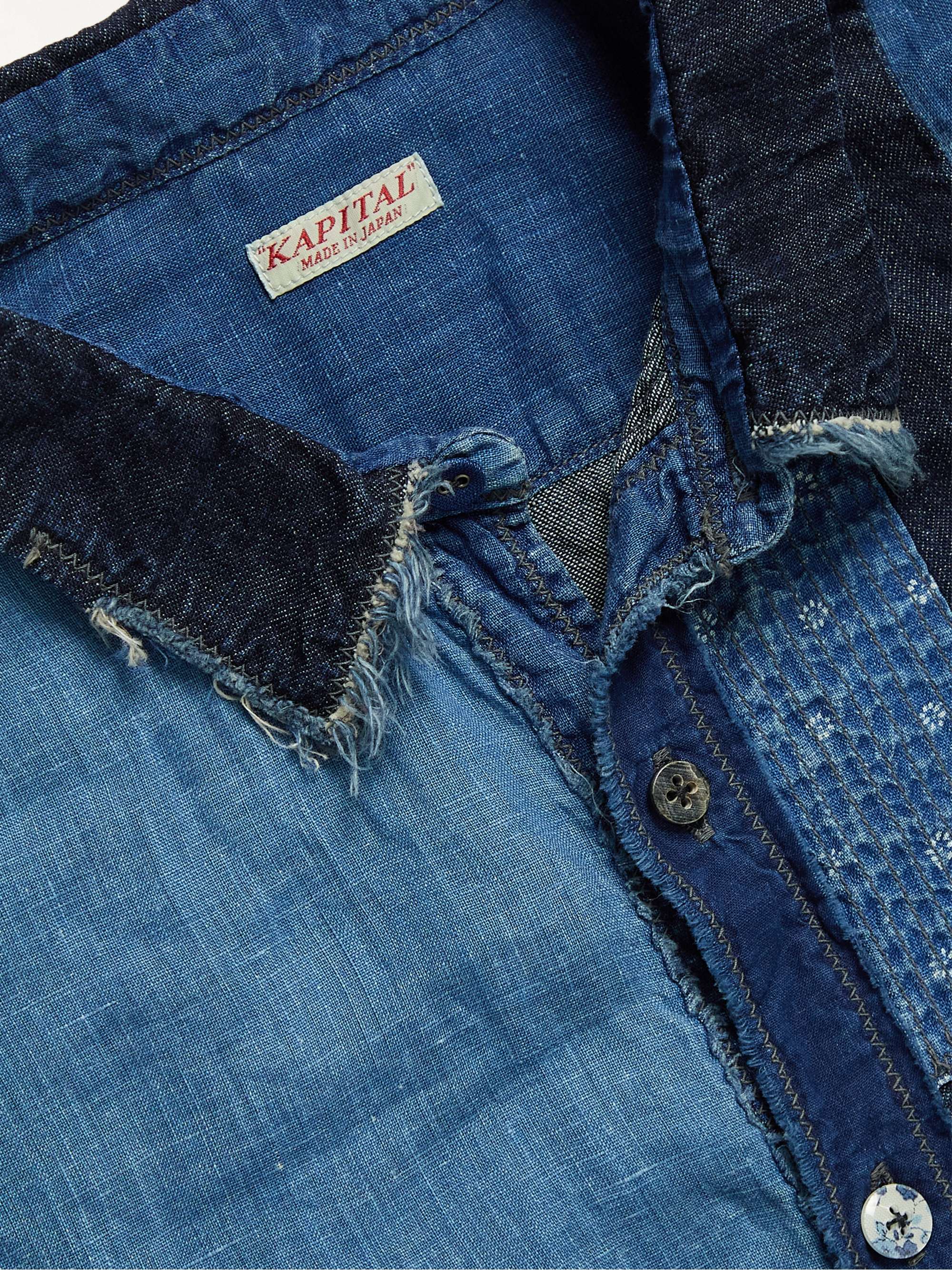 KAPITAL Printed Patchwork Cotton and Linen-Blend Chambray Shirt