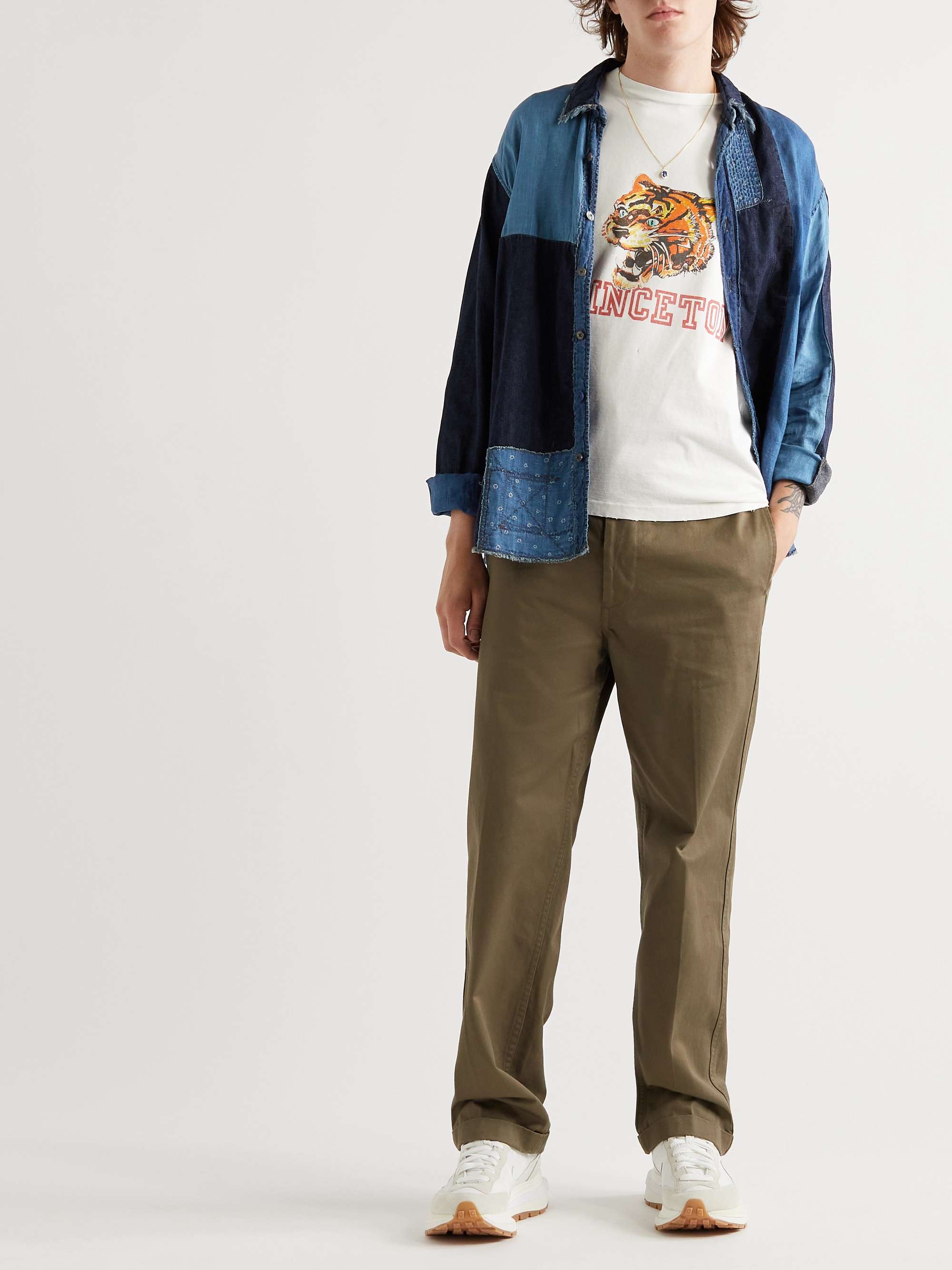 KAPITAL Printed Patchwork Cotton and Linen-Blend Chambray Shirt
