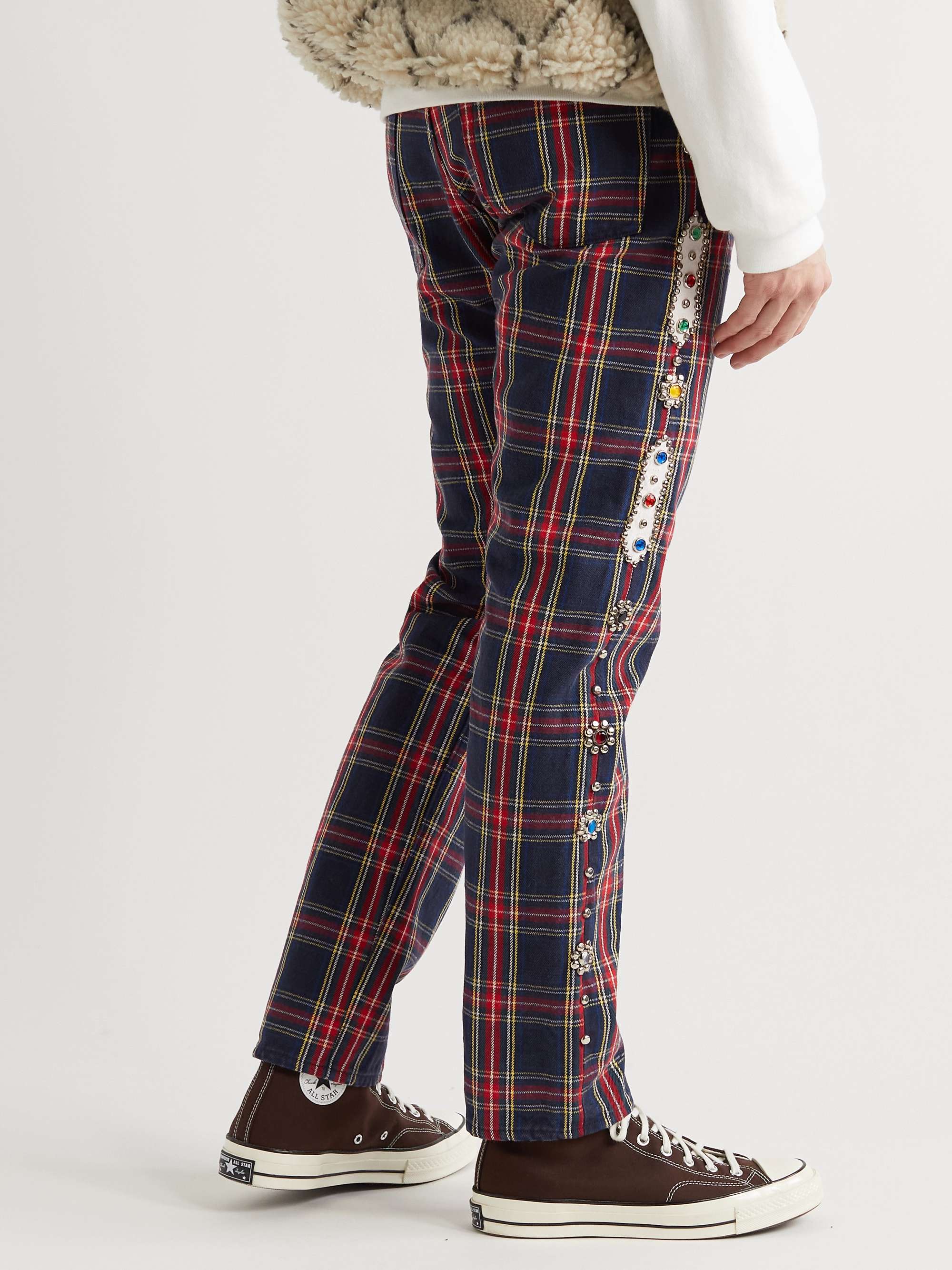 KAPITAL Slim-Fit Embellished Checked Cotton-Twill Trousers