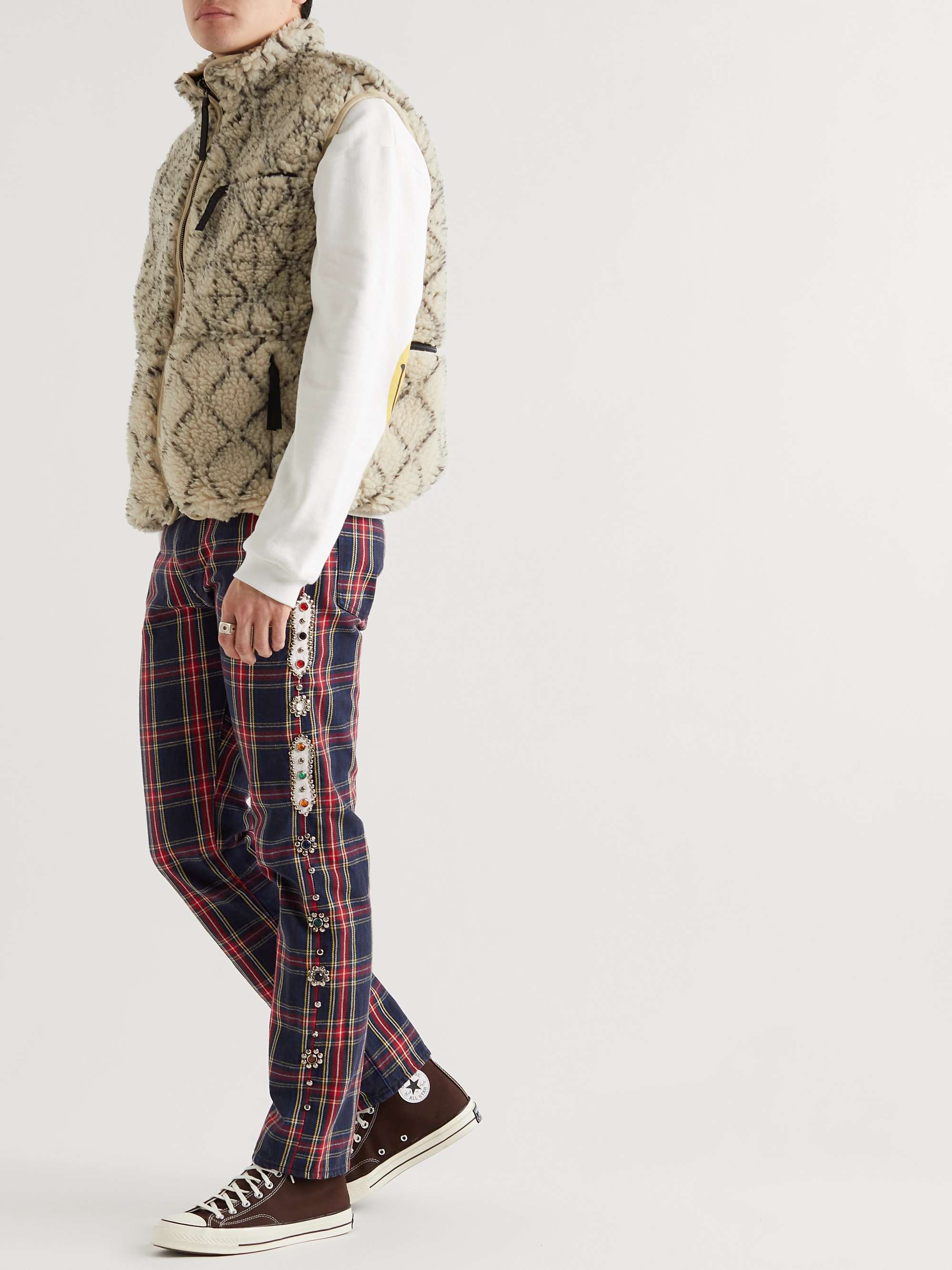 KAPITAL Slim-Fit Embellished Checked Cotton-Twill Trousers