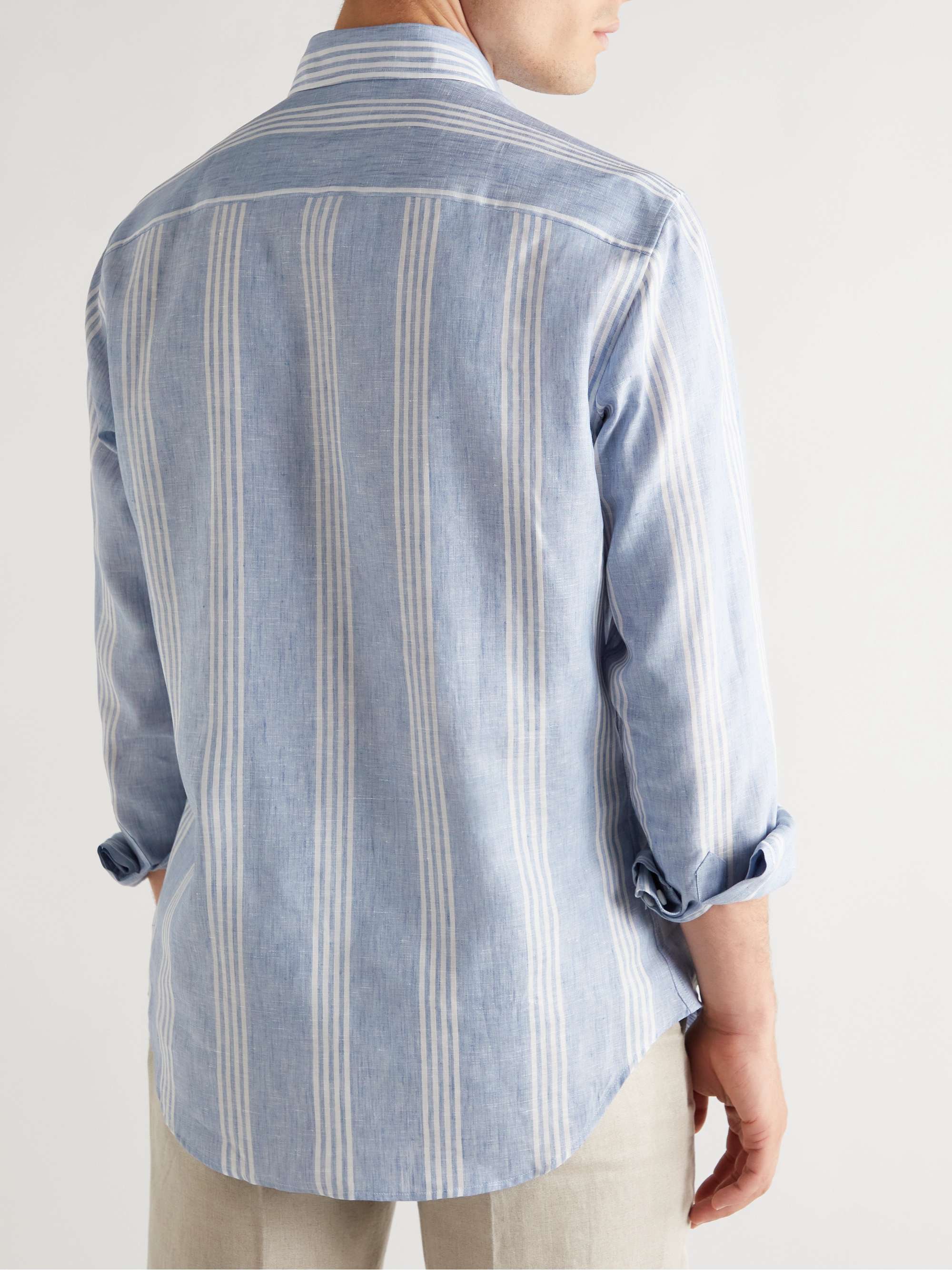 BRIONI Grandad-Collar Striped Cotton Oxford Shirt