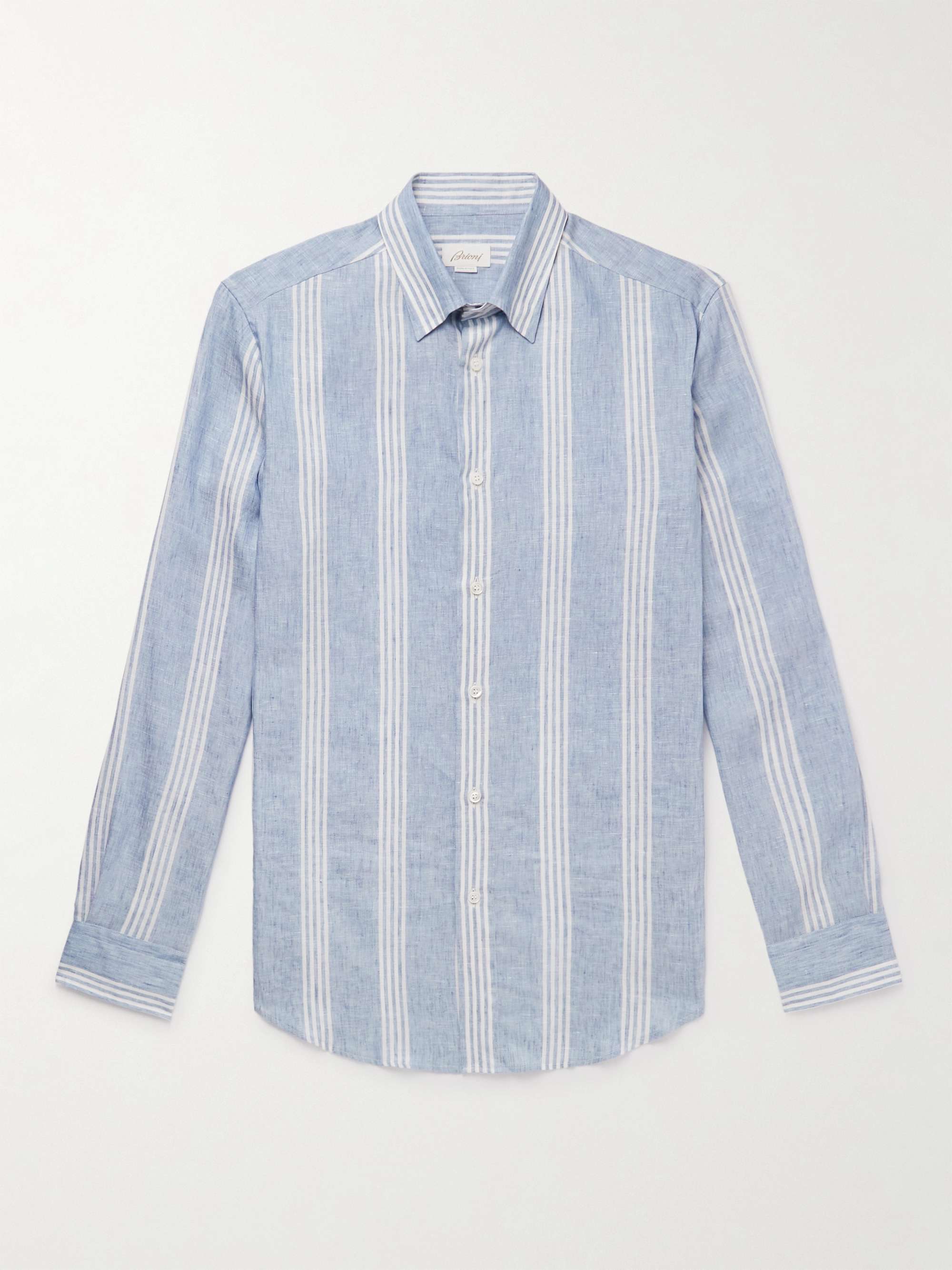 BRIONI Grandad-Collar Striped Cotton Oxford Shirt