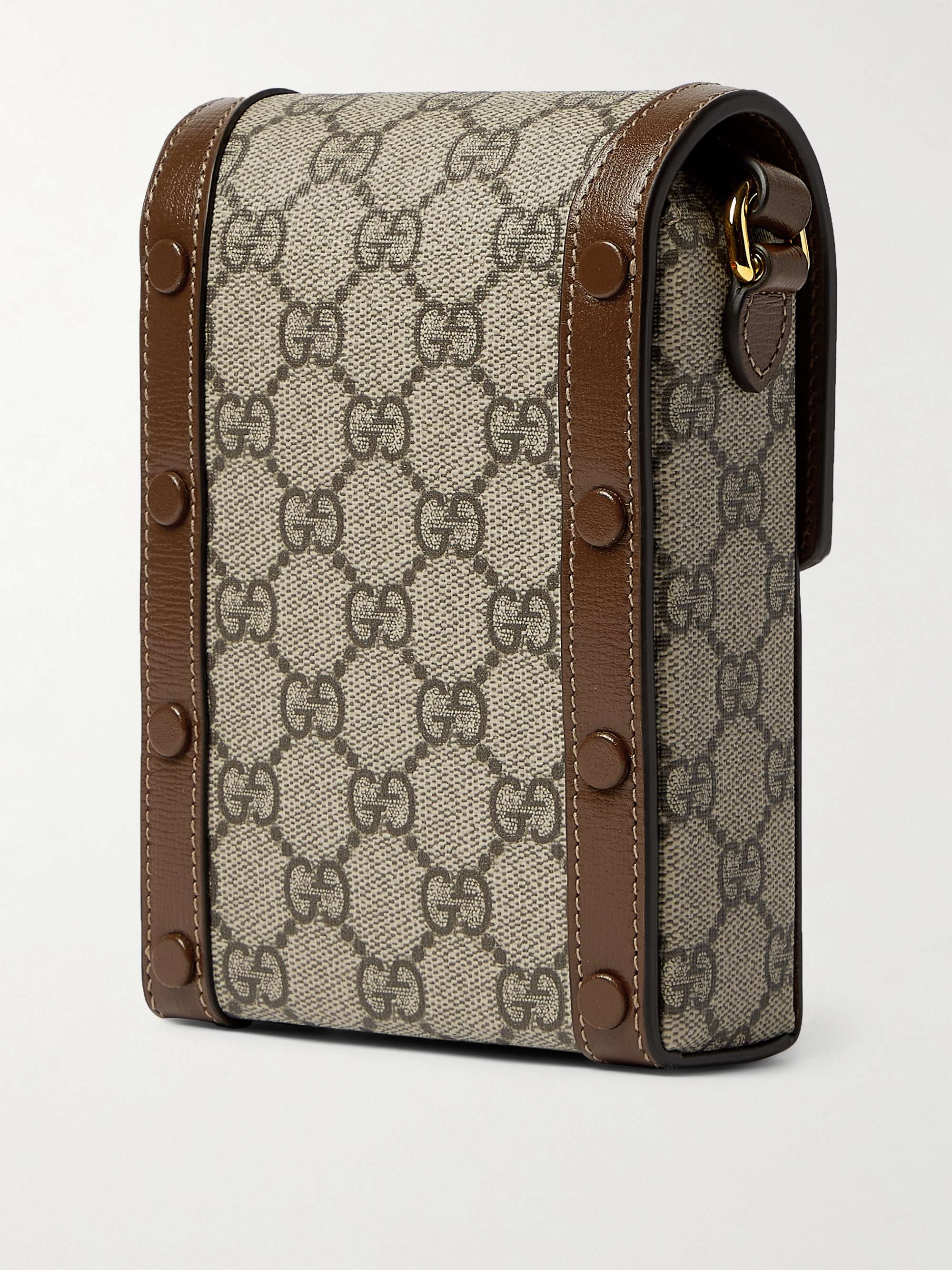 GUCCI Horsebit Leather-Trimmed Monogrammed Coated-Canvas Pouch