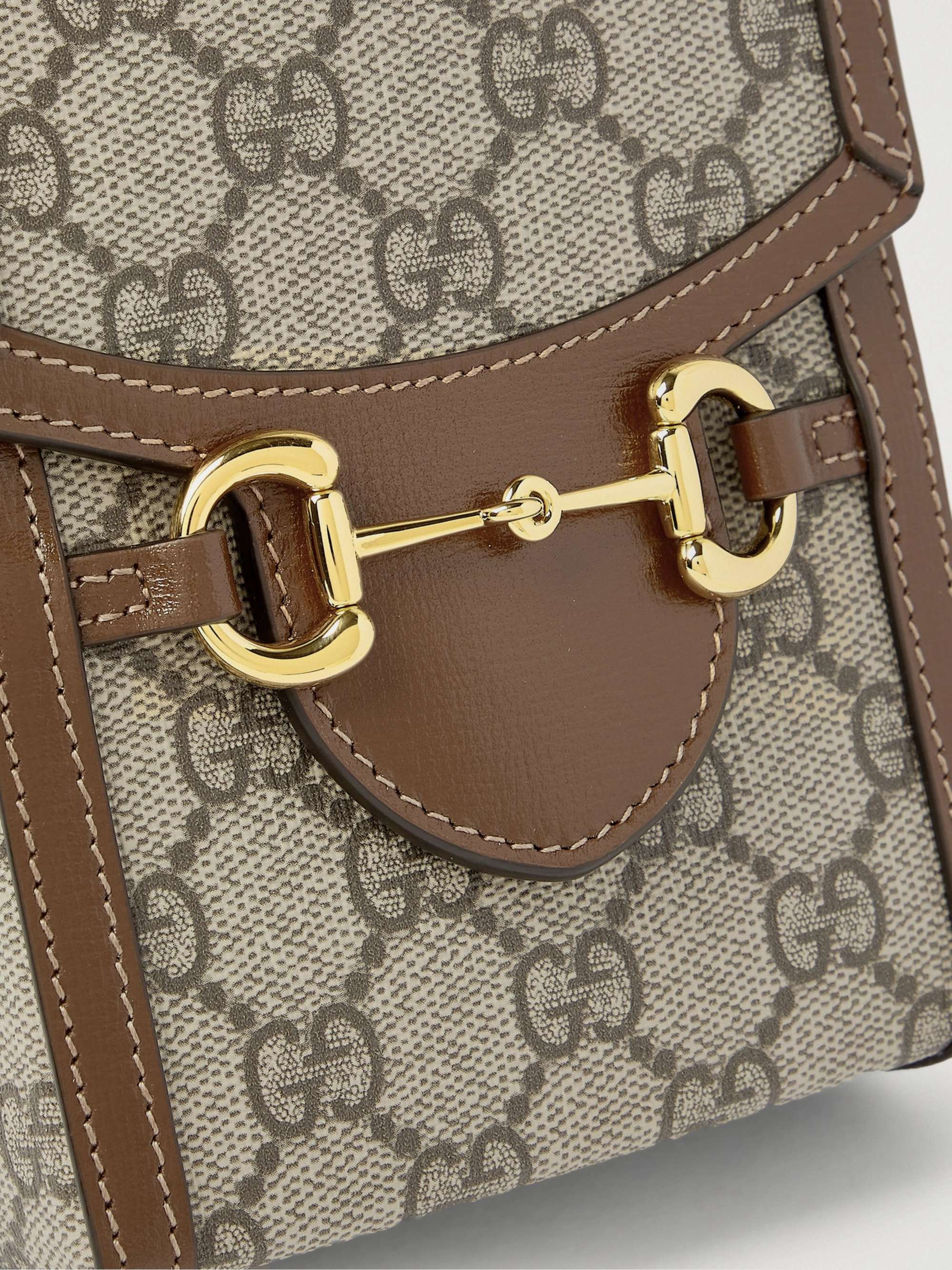 GUCCI Horsebit Leather-Trimmed Monogrammed Coated-Canvas Pouch