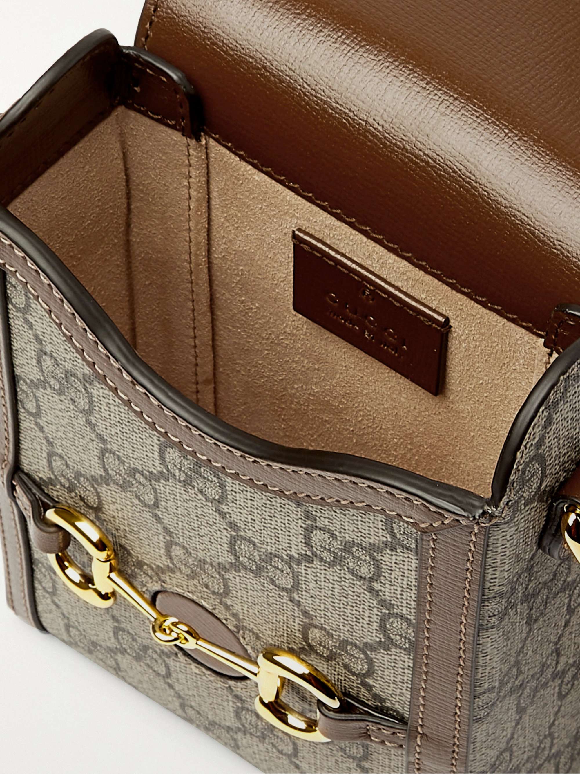 GUCCI Horsebit Leather-Trimmed Monogrammed Coated-Canvas Pouch