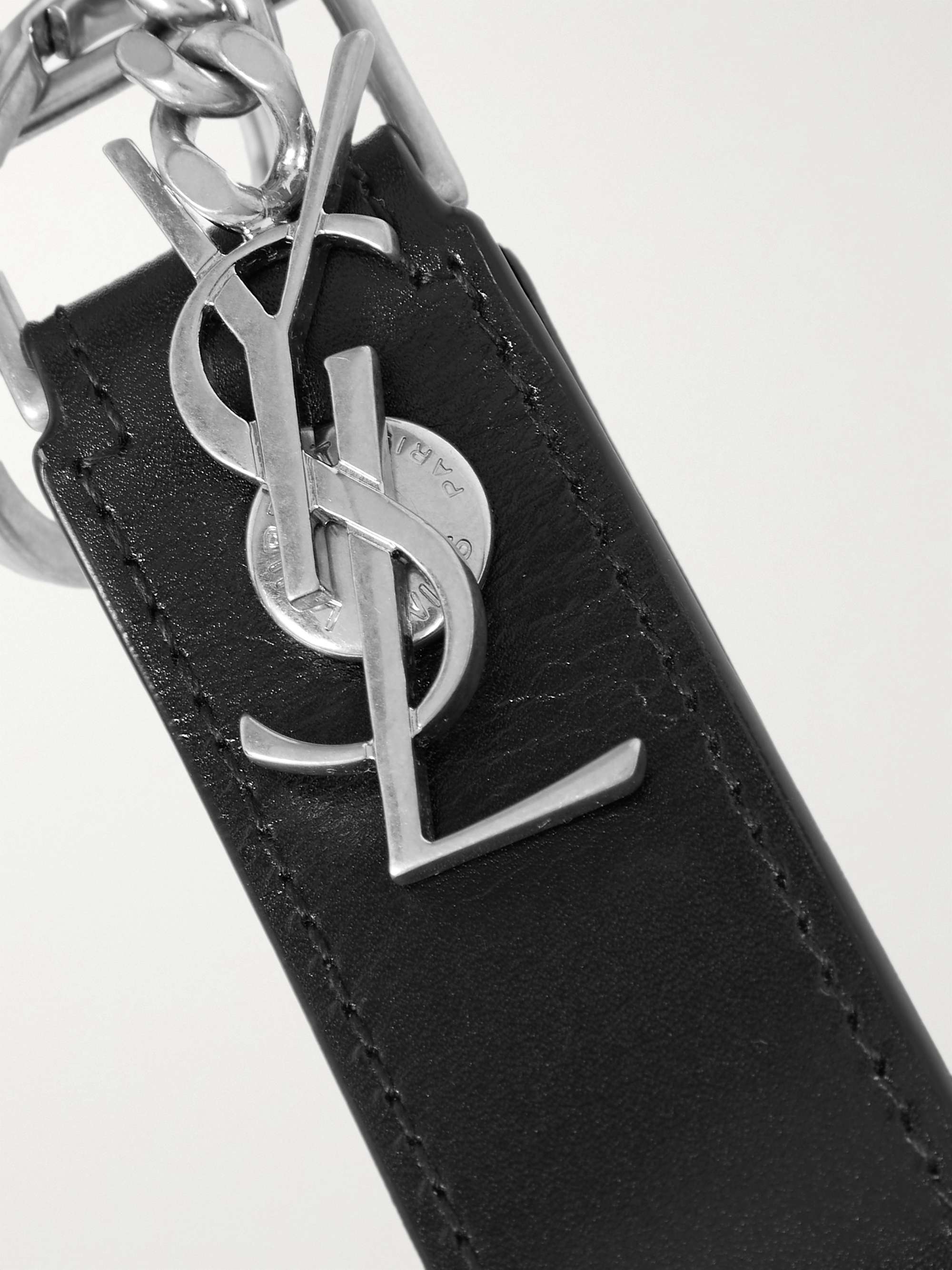 SAINT LAURENT Leather and Burnished Silver-Tone Key Fob