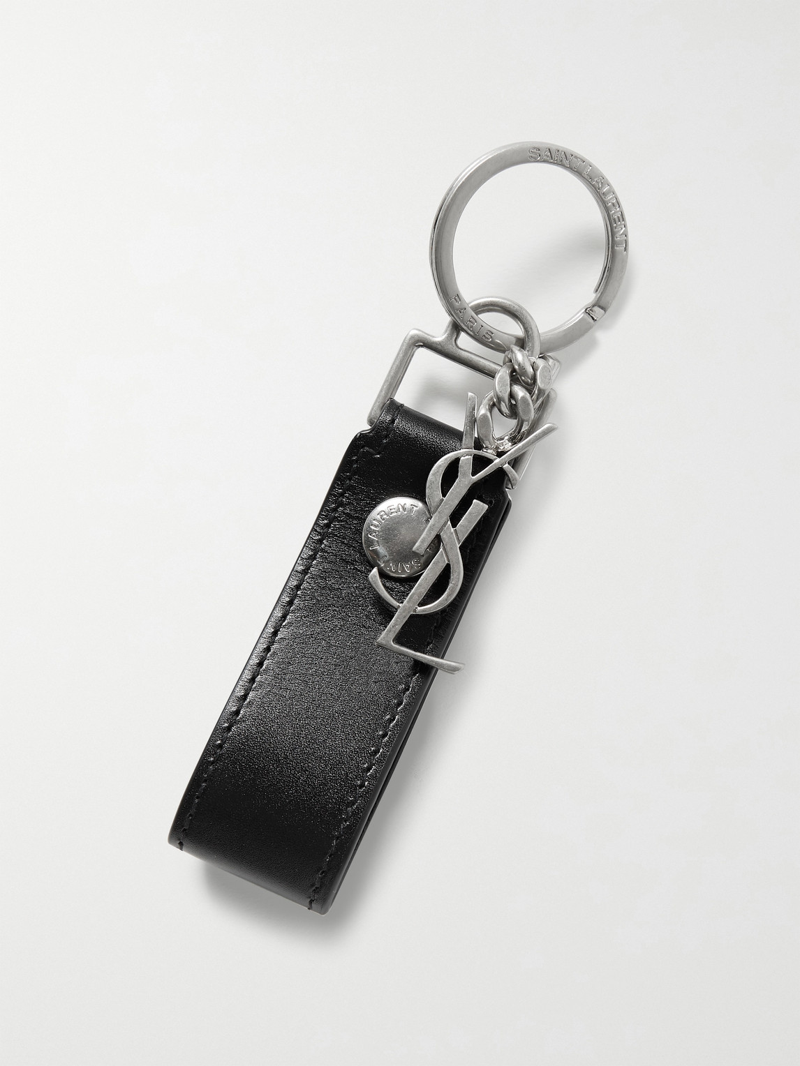 Saint Laurent Leather And Burnished Silver-tone Key Fob In Black