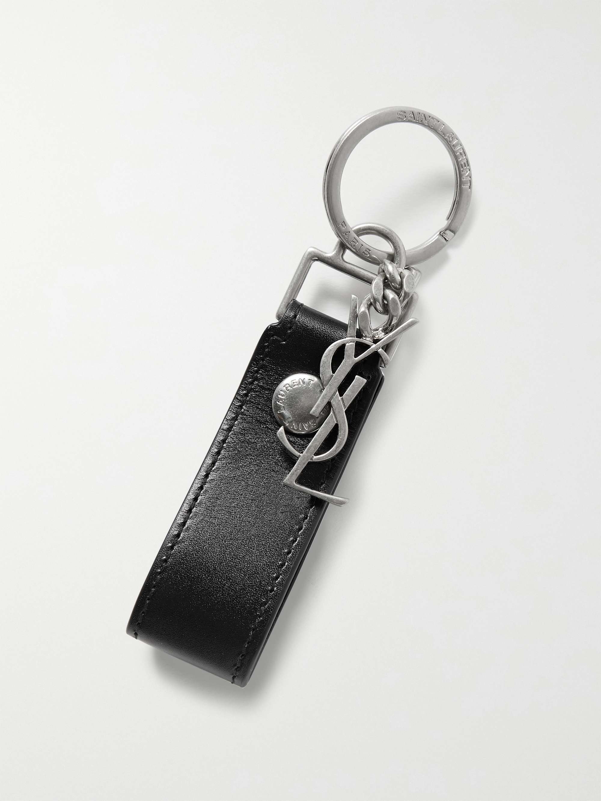 SAINT LAURENT Leather and Burnished Silver-Tone Key Fob