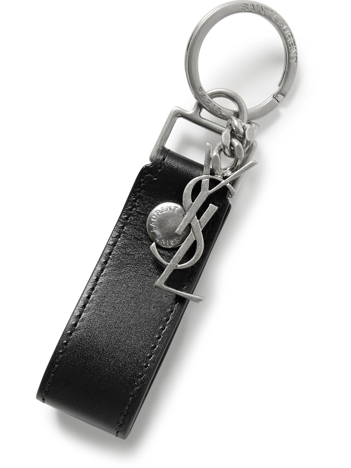 Saint Laurent Leather And Burnished Silver-tone Key Fob In Black