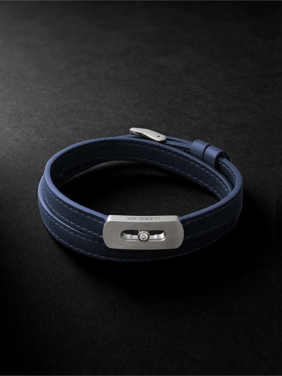 Messika My Move Brushed-titanium, Leather And Diamond Bracelet In Blue