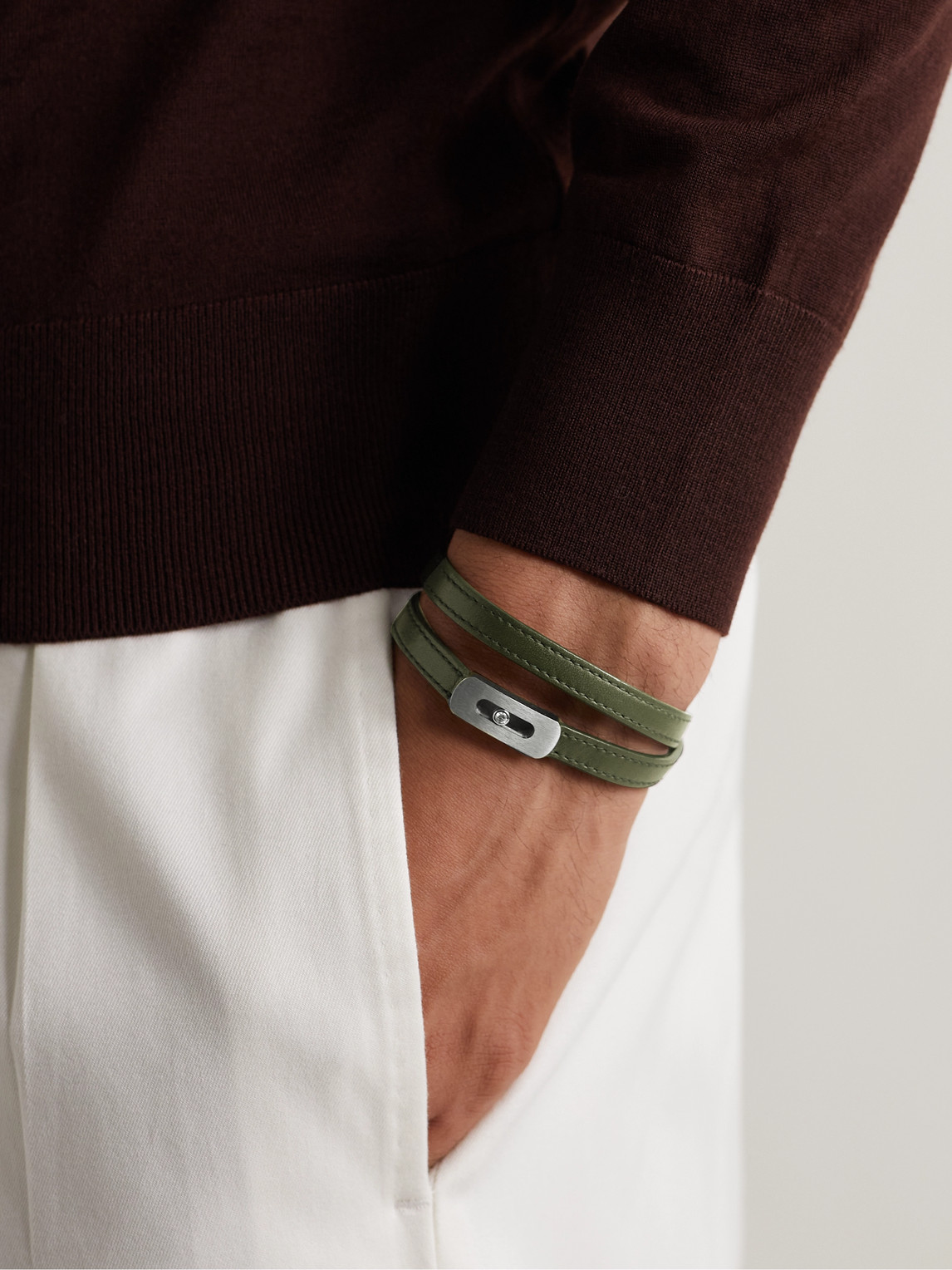 Shop Messika My Move Brushed-titanium, Leather And Diamond Bracelet In Green