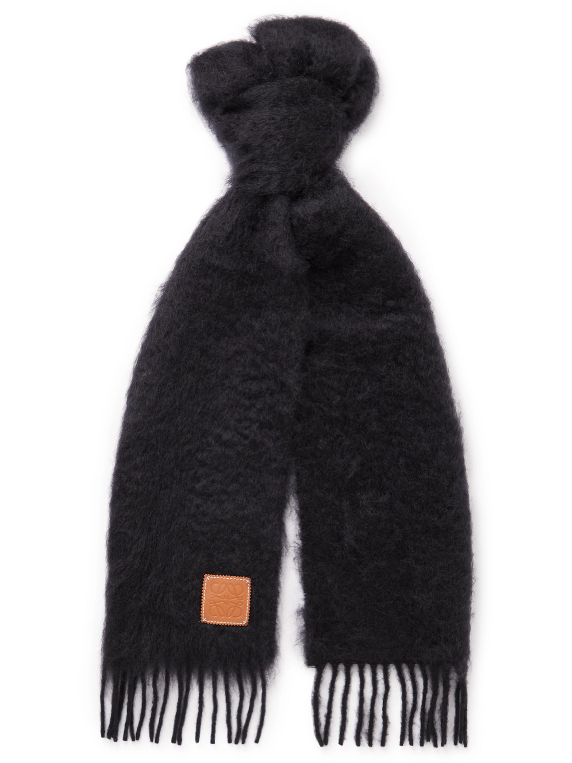 LOEWE - Logo-Appliquéd Fringed Mohair-Blend Scarf - Men - Black