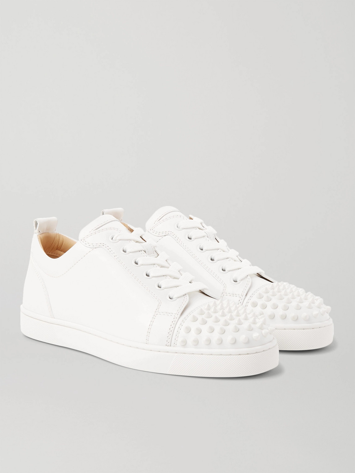 Shop Christian Louboutin Louis Junior Spikes Cap-toe Leather Sneakers In White