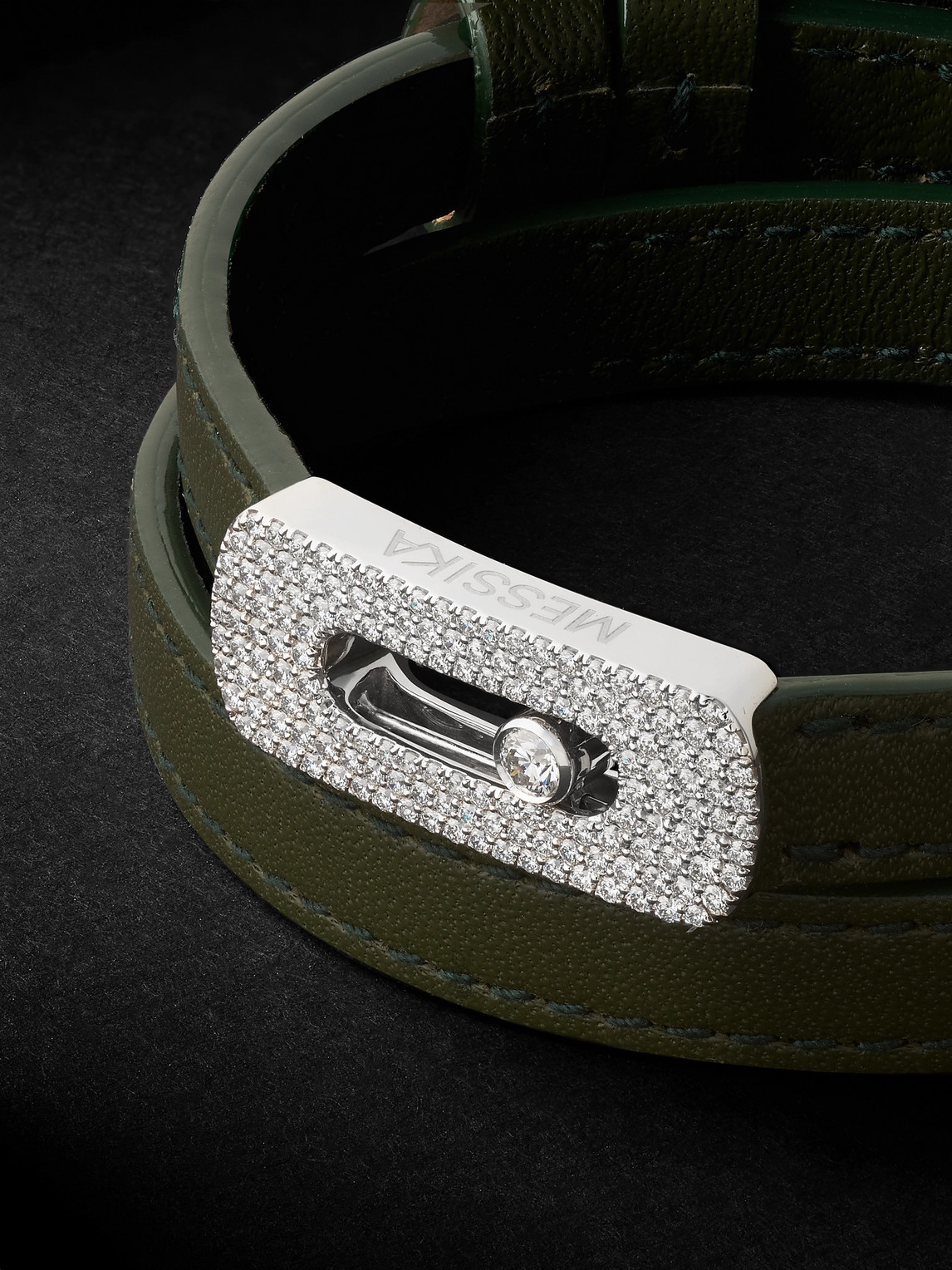 Shop Messika White Gold, Leather And Diamond Bracelet In Green