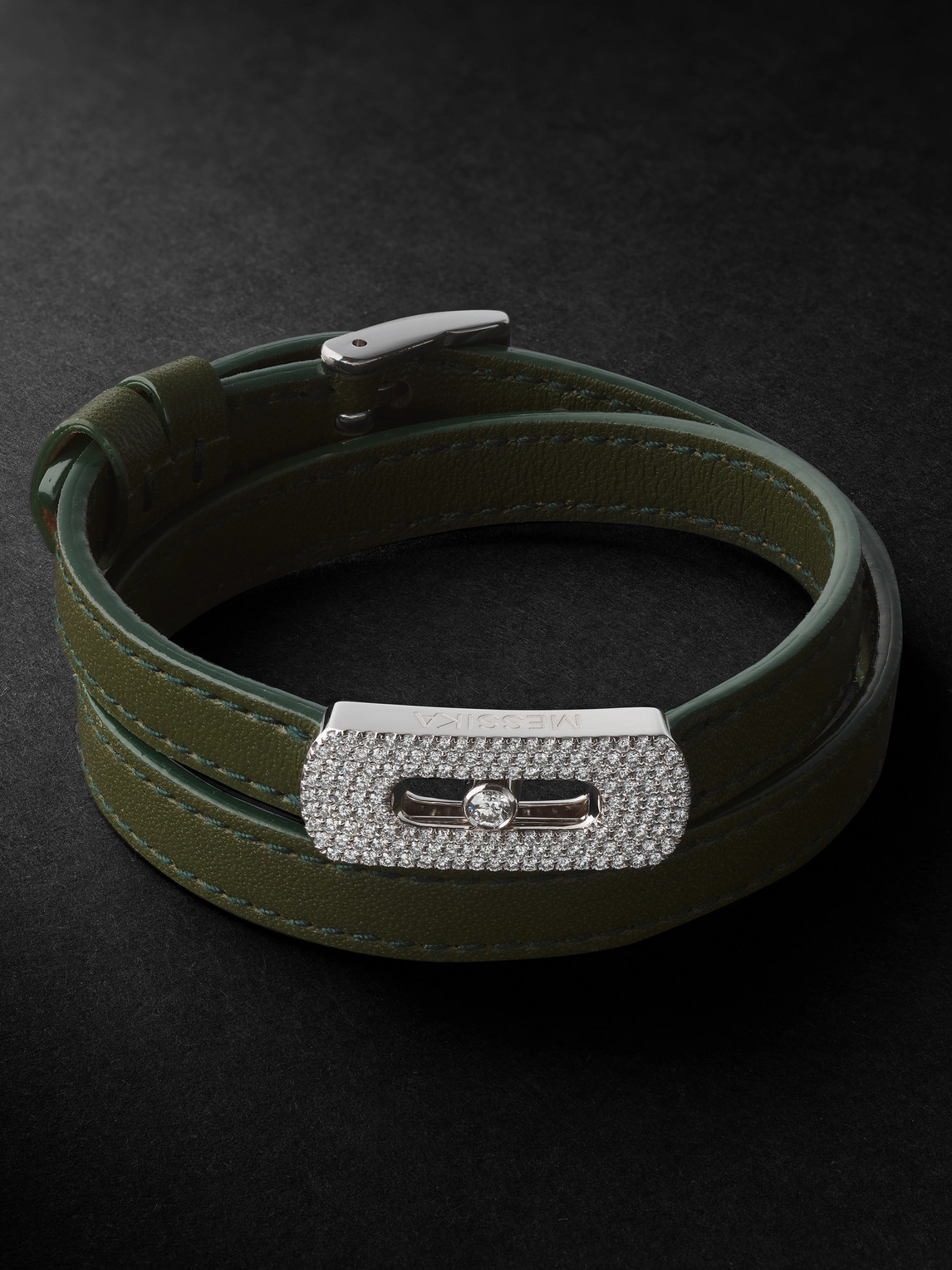 Messika White Gold, Leather And Diamond Bracelet In Green