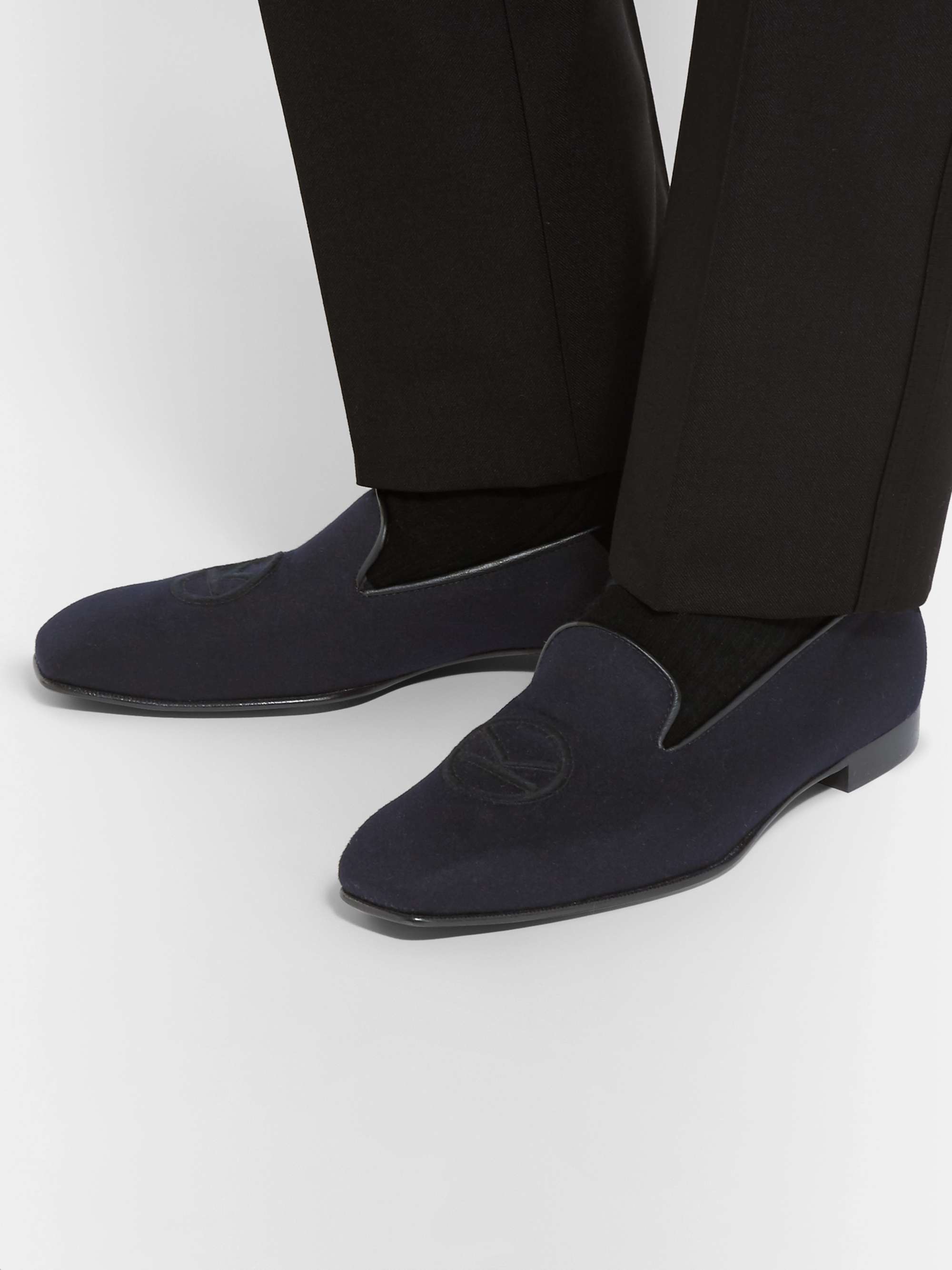 KINGSMAN + George Cleverley Windsor Leather-Trimmed Embroidered Cashmere Slippers