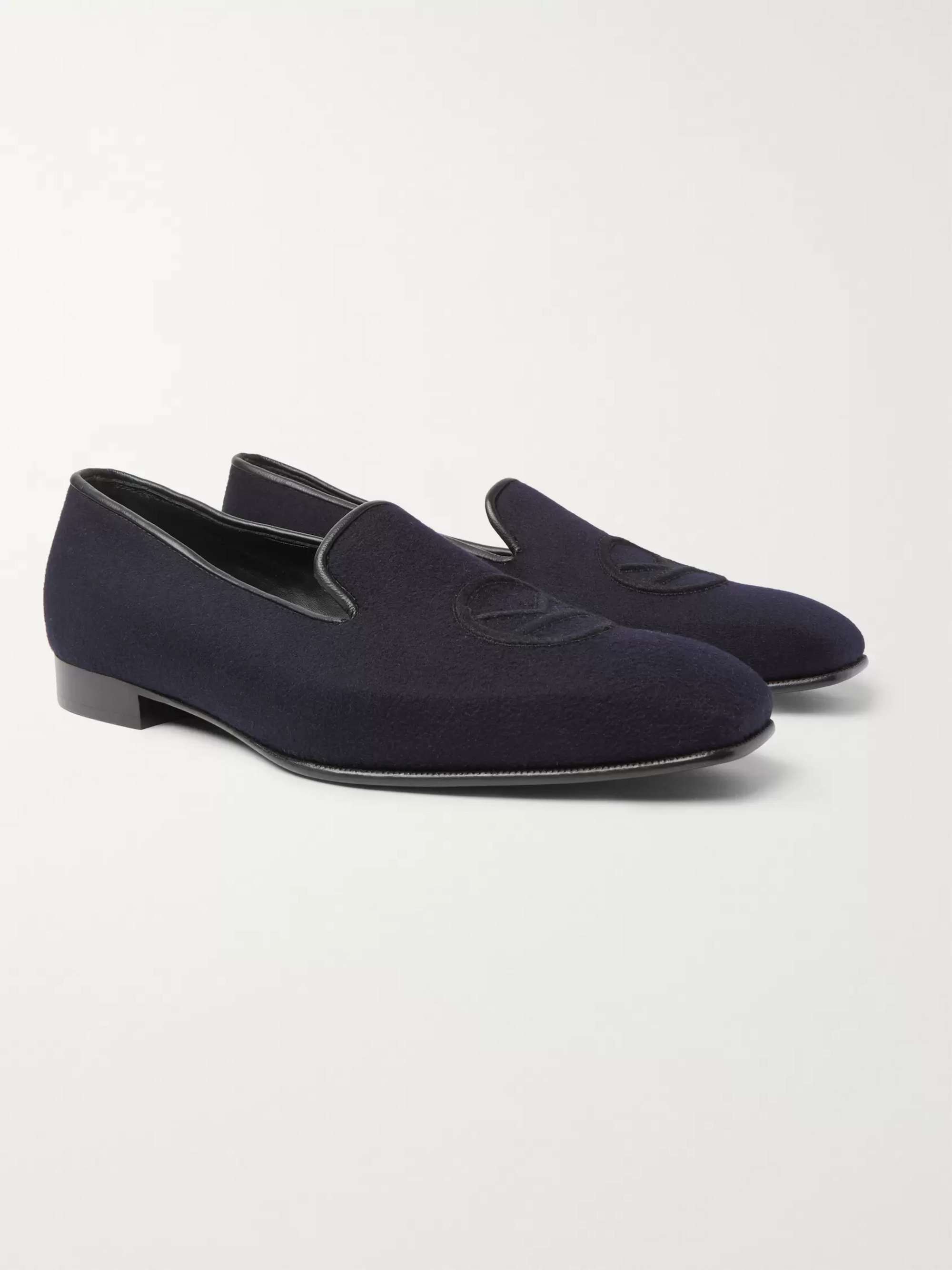 KINGSMAN + George Cleverley Windsor Leather-Trimmed Embroidered Cashmere Slippers