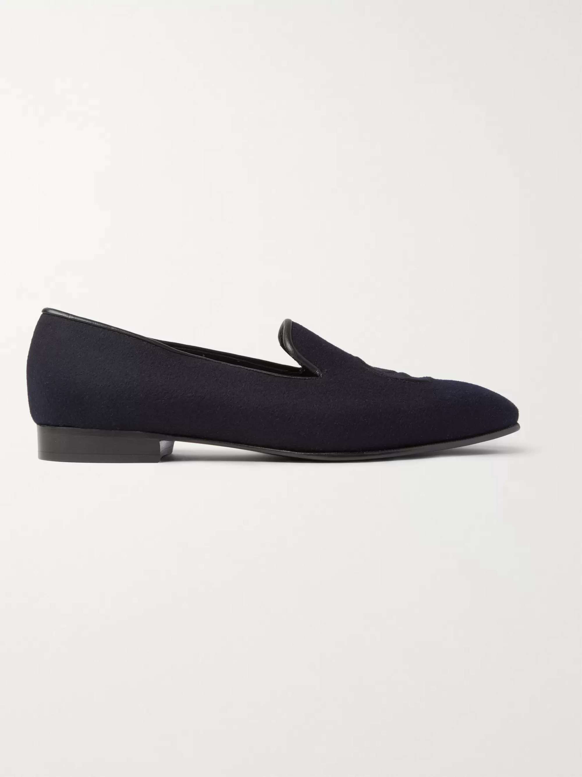 KINGSMAN + George Cleverley Windsor Leather-Trimmed Embroidered Cashmere Slippers