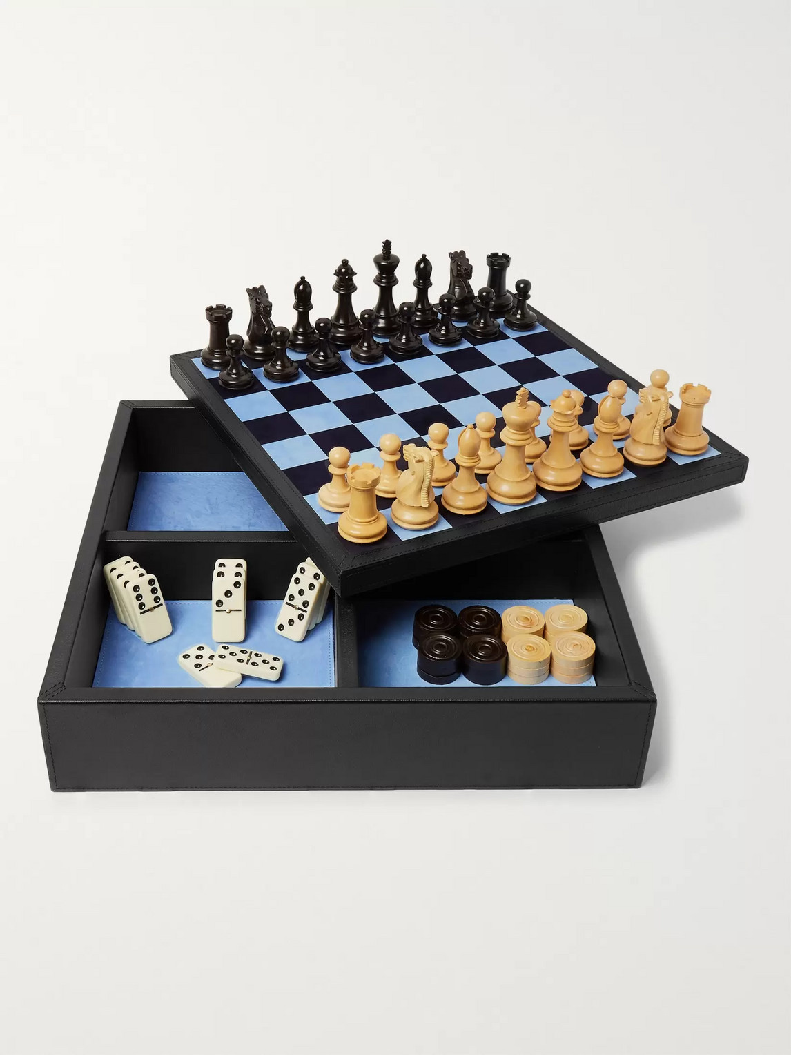 Grosvenor Full-Grain Leather Games Compendium - Dominoes, Chess and Checkers