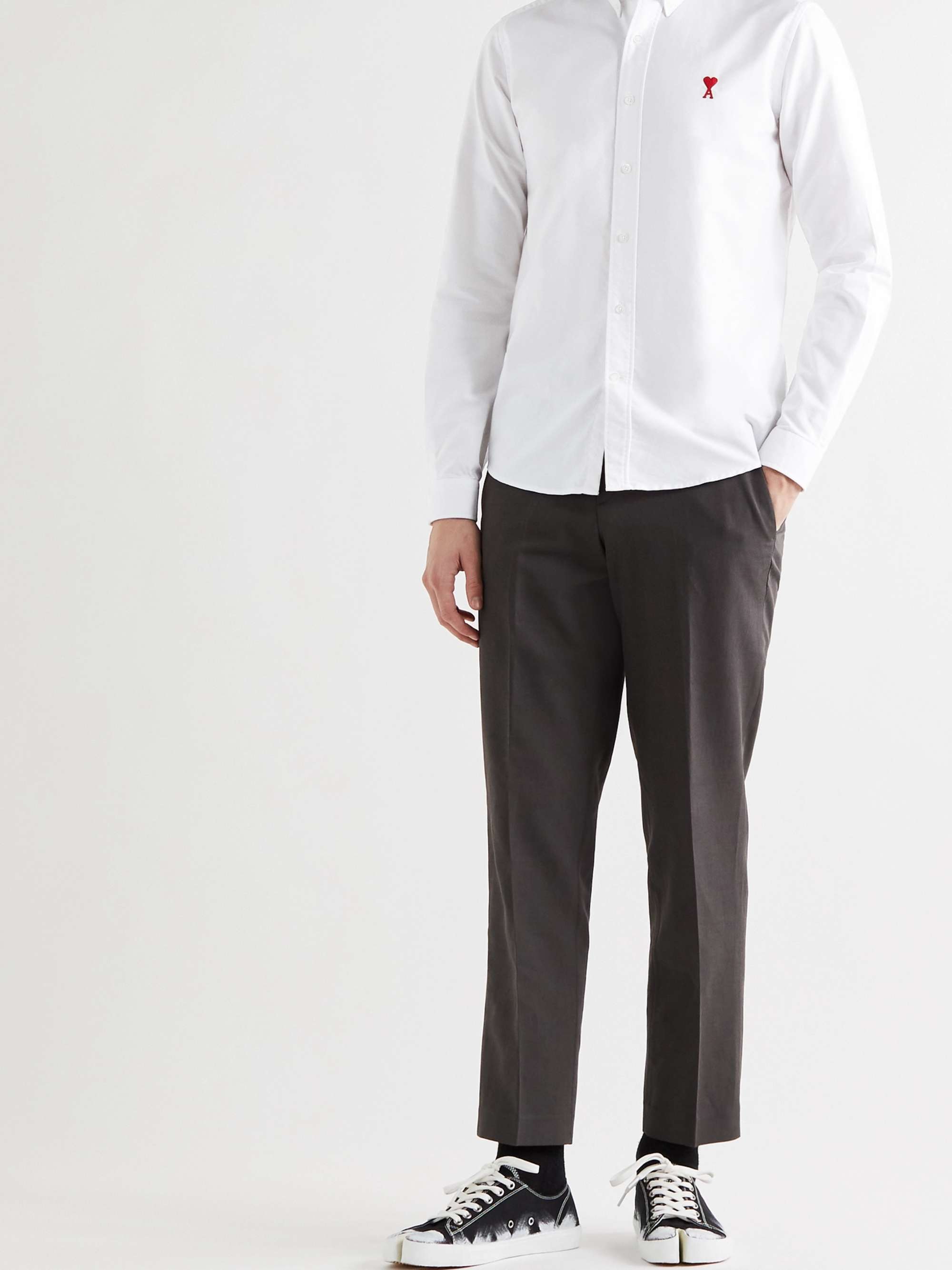 AMI PARIS Button-Down Collar Logo-Embroidered Cotton Oxford Shirt