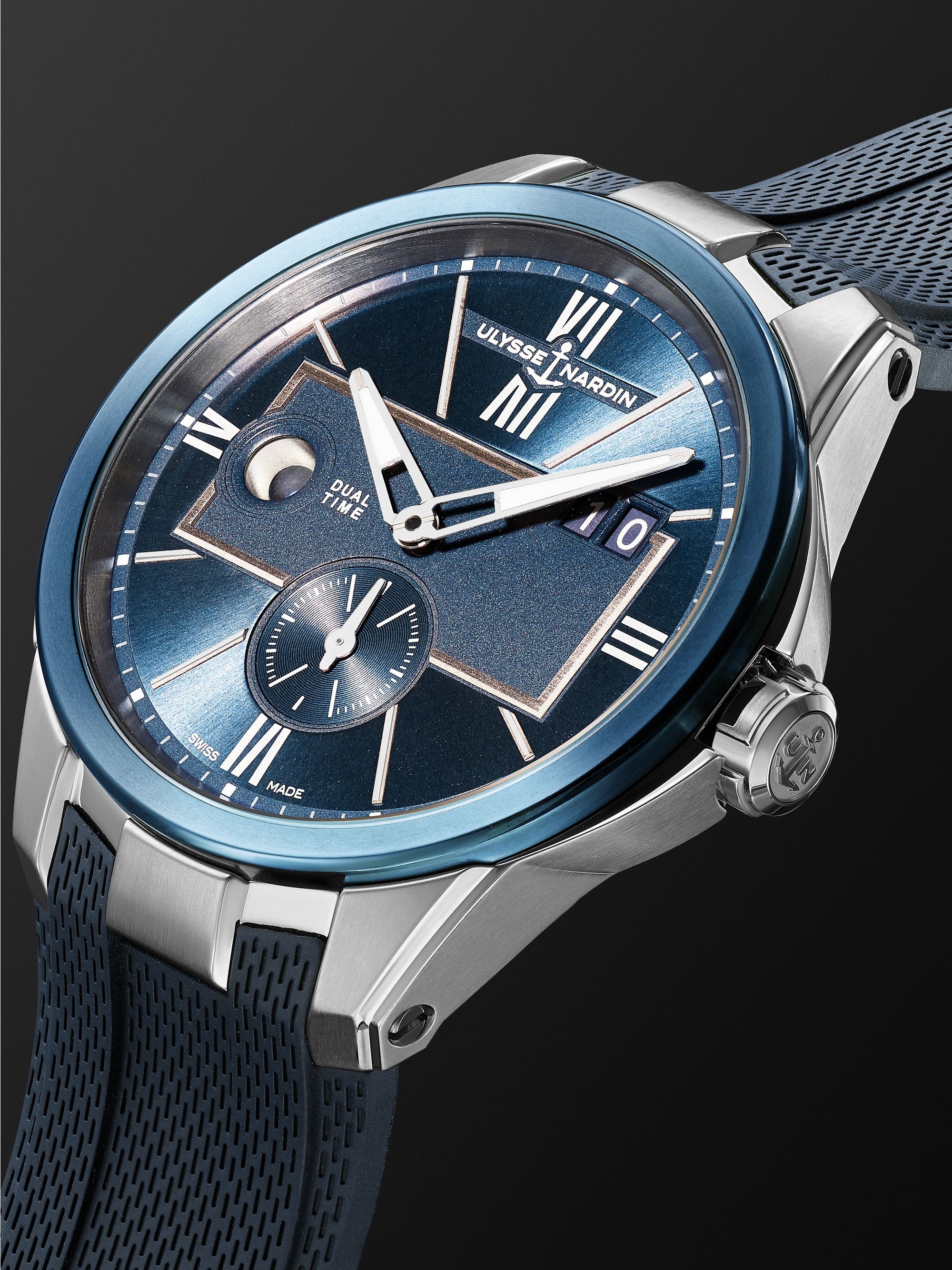 ULYSSE NARDIN Dual Time Automatic 42mm Stainless Steel and Rubber Watch, Ref. No. 243-20-3/43