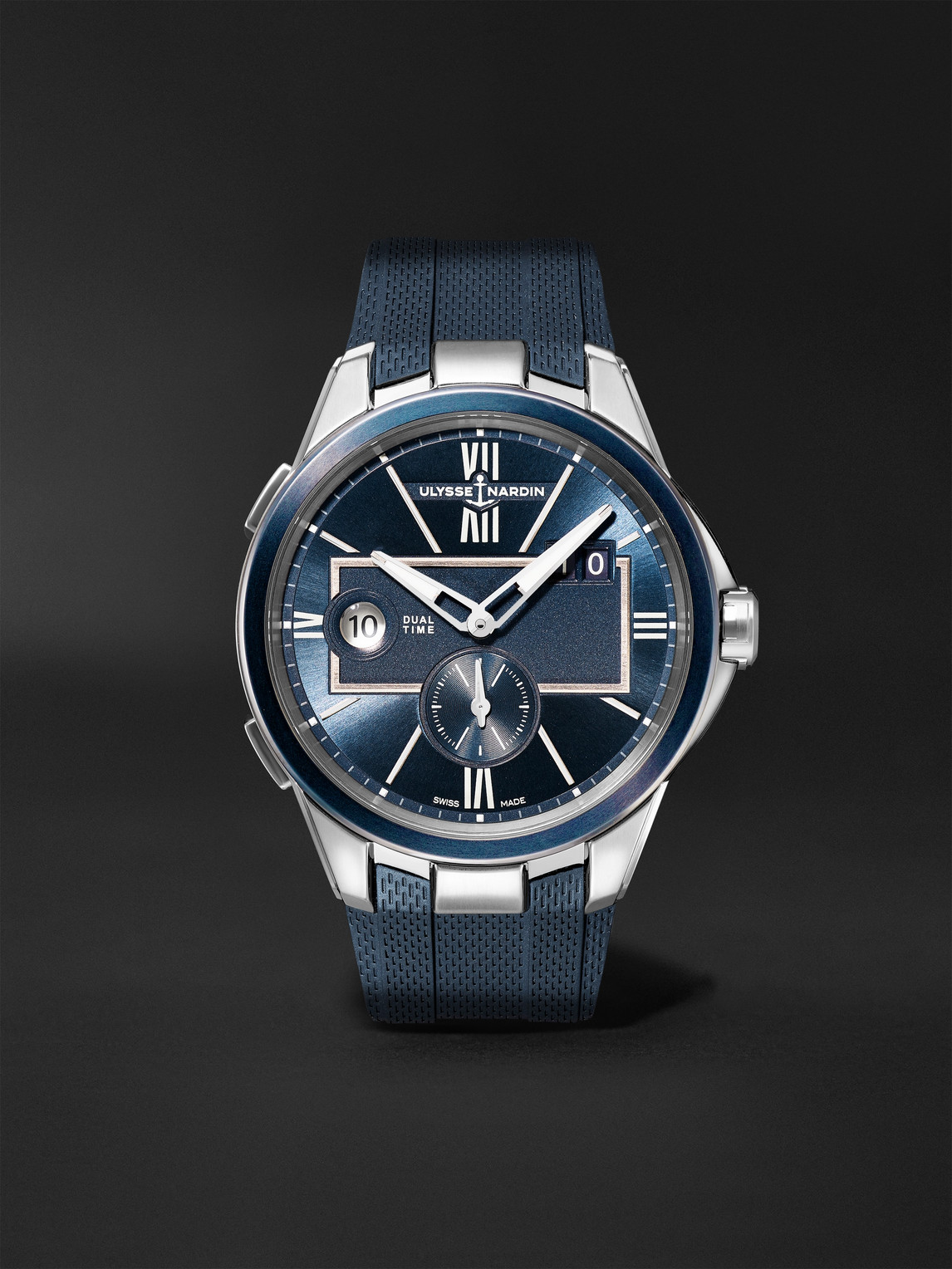 Shop Ulysse Nardin Dual Time Automatic 42mm Stainless Steel And Rubber Watch, Ref. No. 243-20-3/43 In Blue