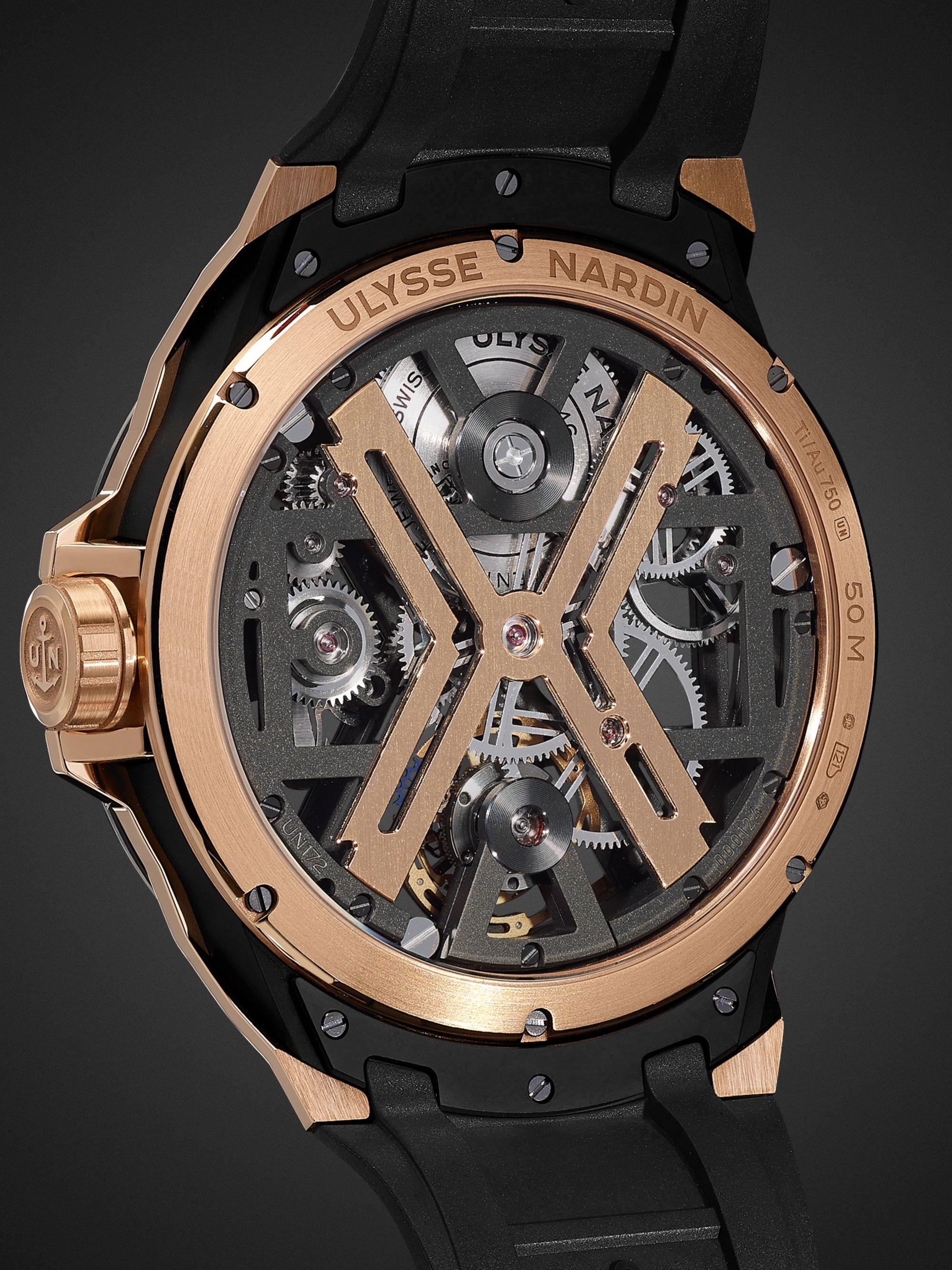 ULYSSE NARDIN Blast Automatic Tourbillon Skeleton 45mm 18-Karat Rose Gold, Titanium and Rubber Watch, Ref. No. 1725-400-3A/02