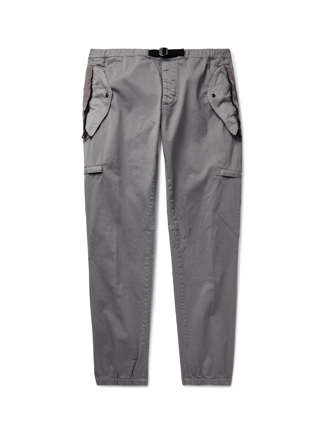Moncler Tapered Belted Shell-trimmed Stretch-cotton Twill Cargo Trousers In Gray