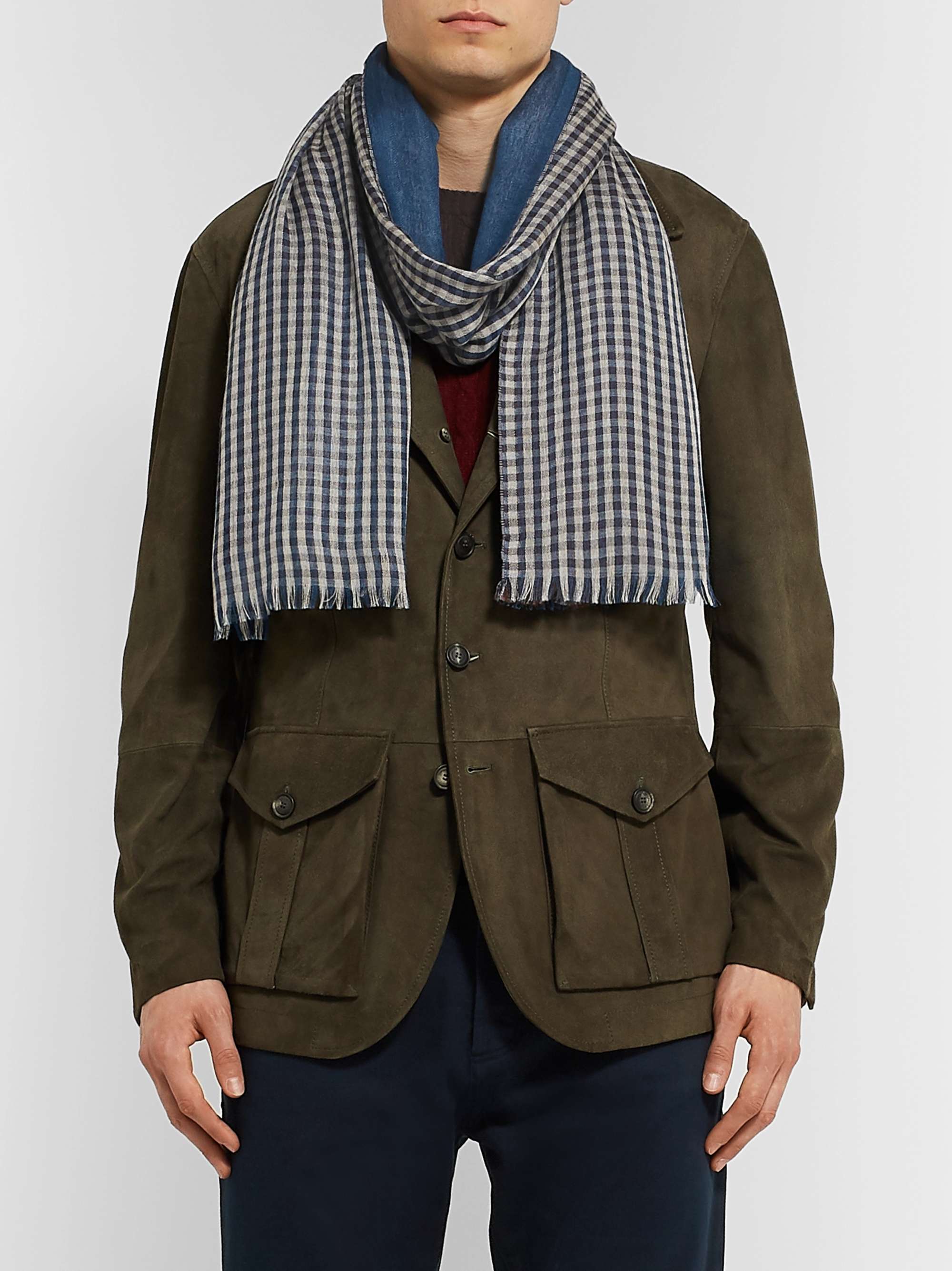 LORO PIANA Fringed Gingham Cashmere and Silk-Blend Scarf