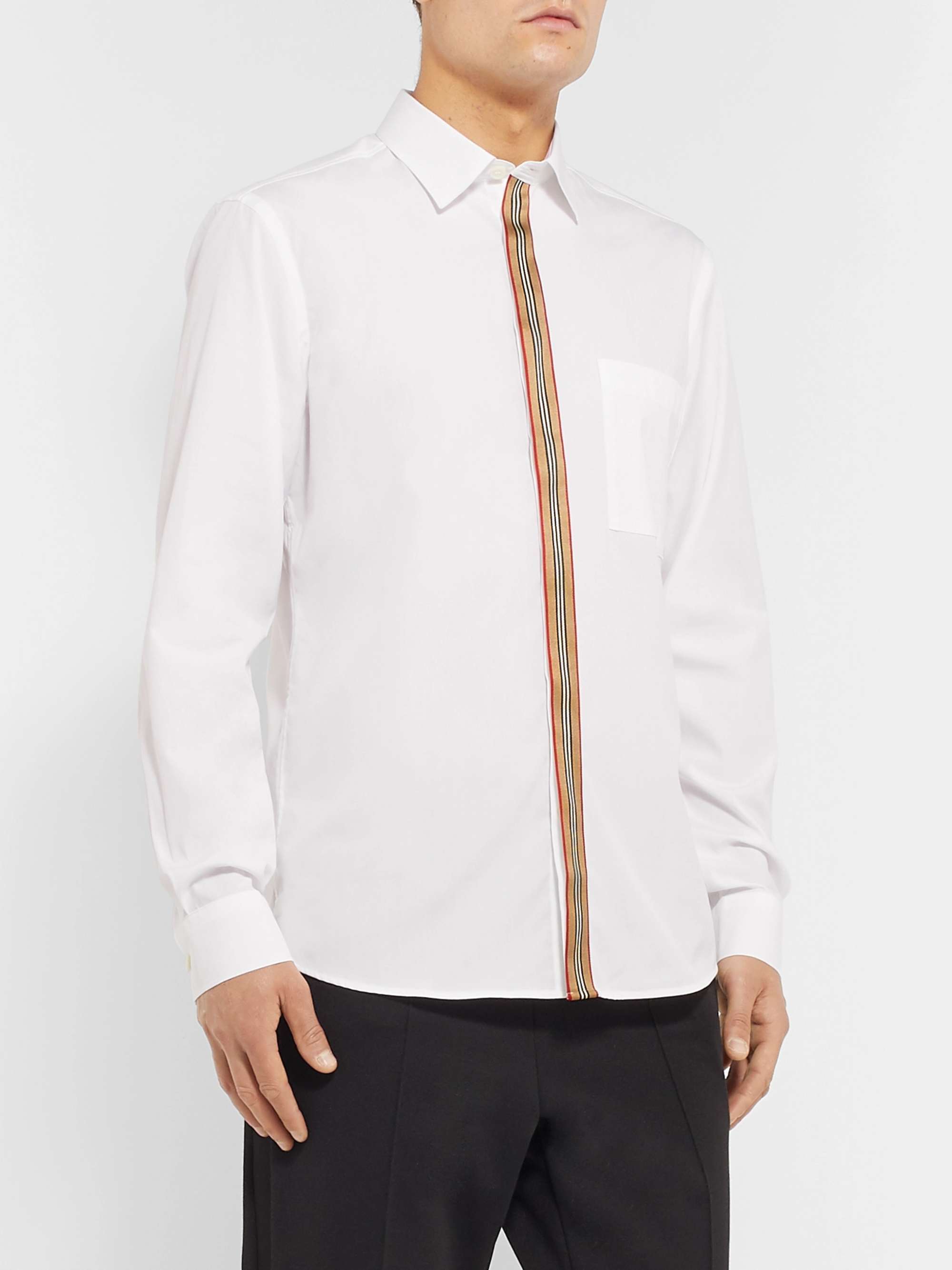 BURBERRY Slim-Fit Striped Grosgrain-Trimmed Cotton-Blend Oxford Shirt