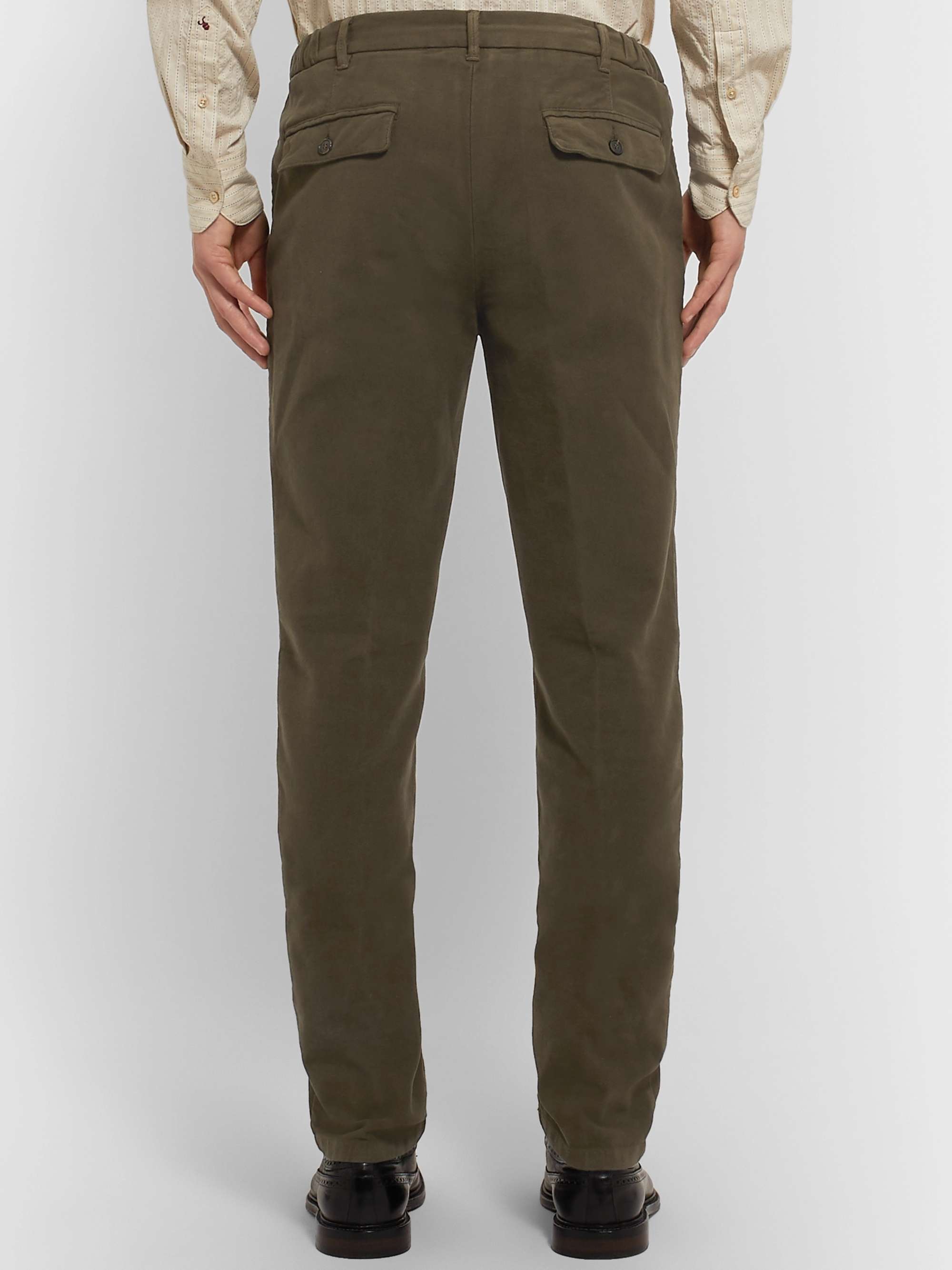 ALTEA Dark-Green Tapered Cotton-Blend Moleskin Drawstring Suit Trousers