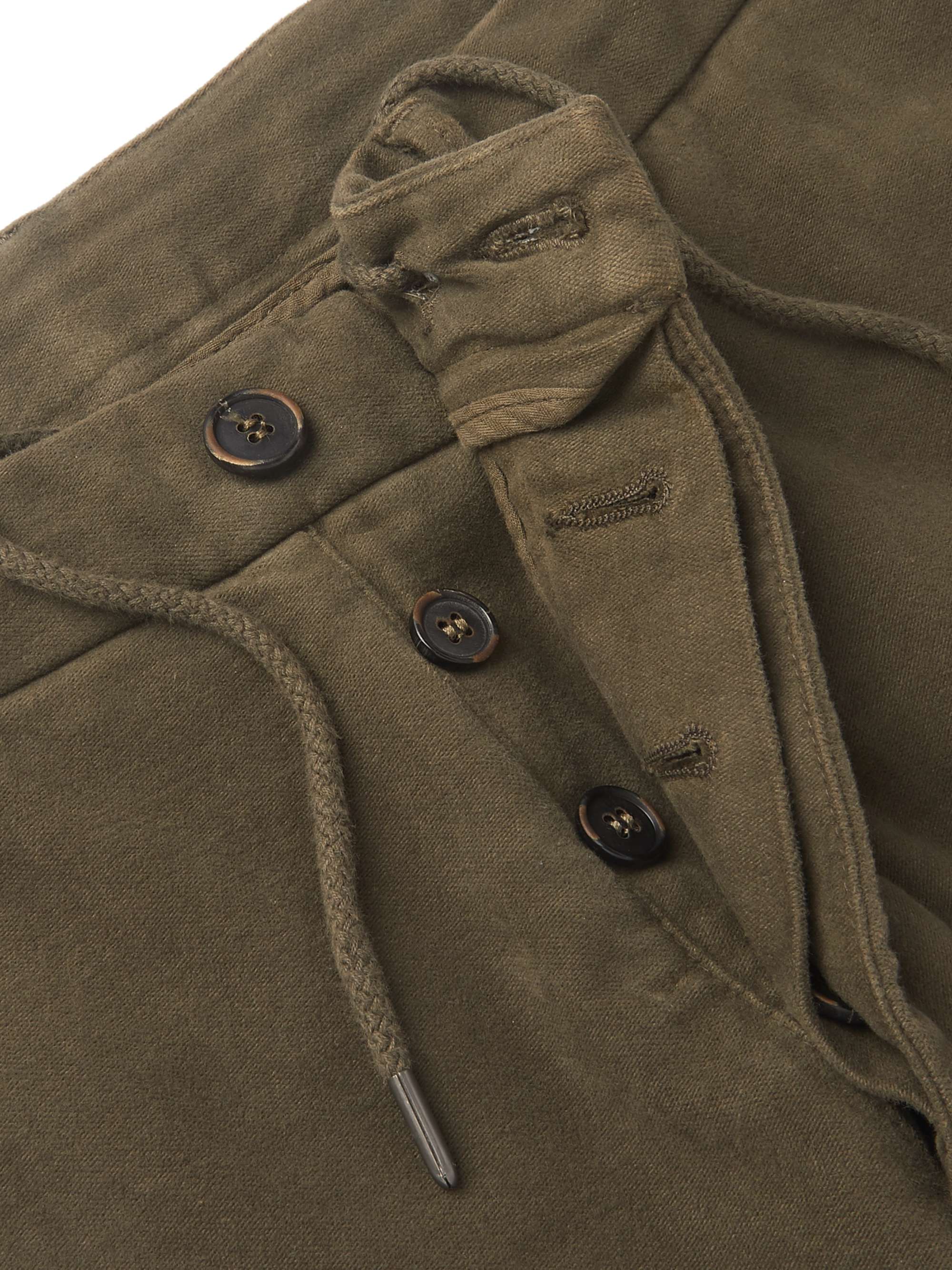 ALTEA Dark-Green Tapered Cotton-Blend Moleskin Drawstring Suit Trousers