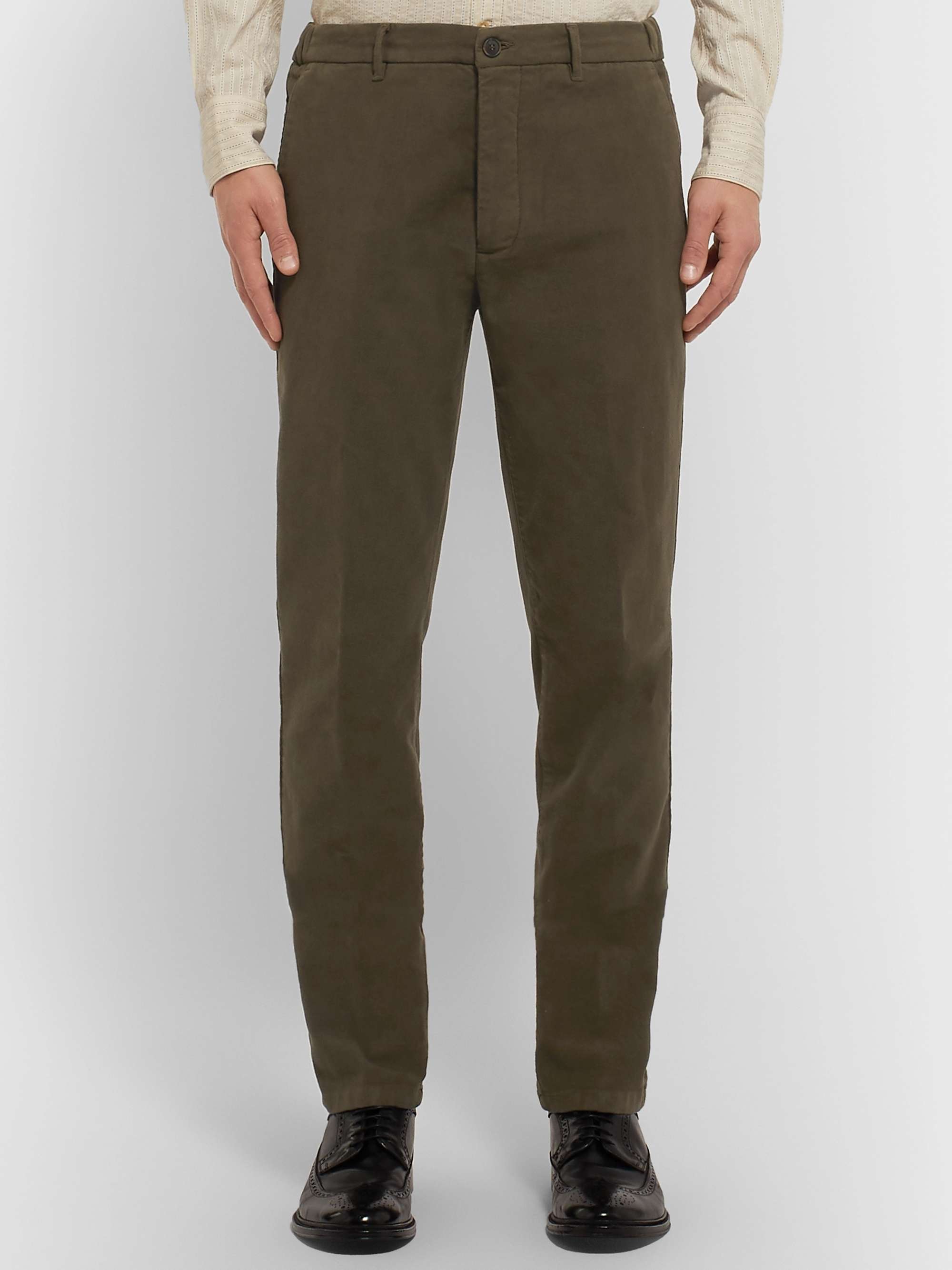 ALTEA Dark-Green Tapered Cotton-Blend Moleskin Drawstring Suit Trousers