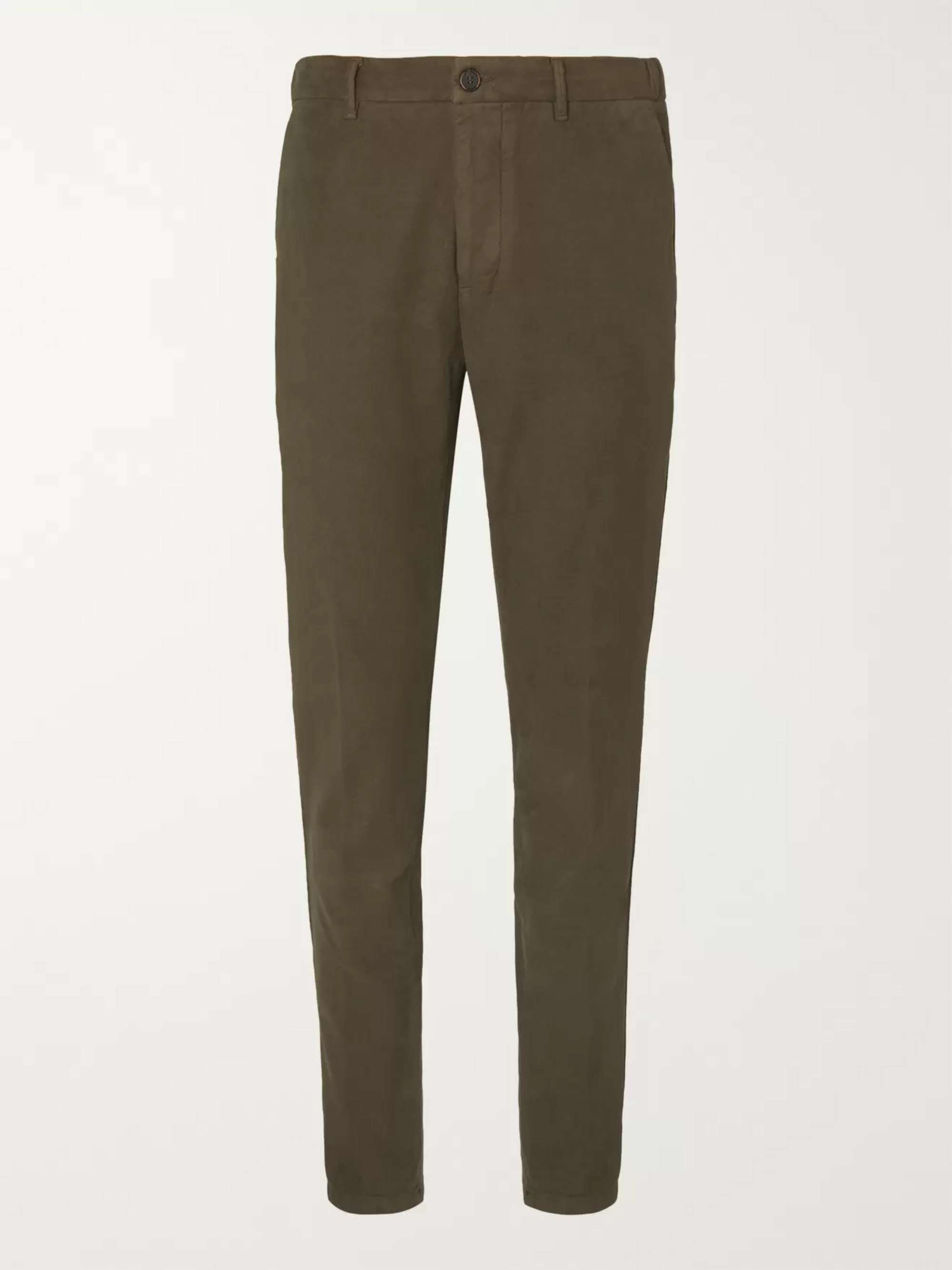 ALTEA Dark-Green Tapered Cotton-Blend Moleskin Drawstring Suit Trousers