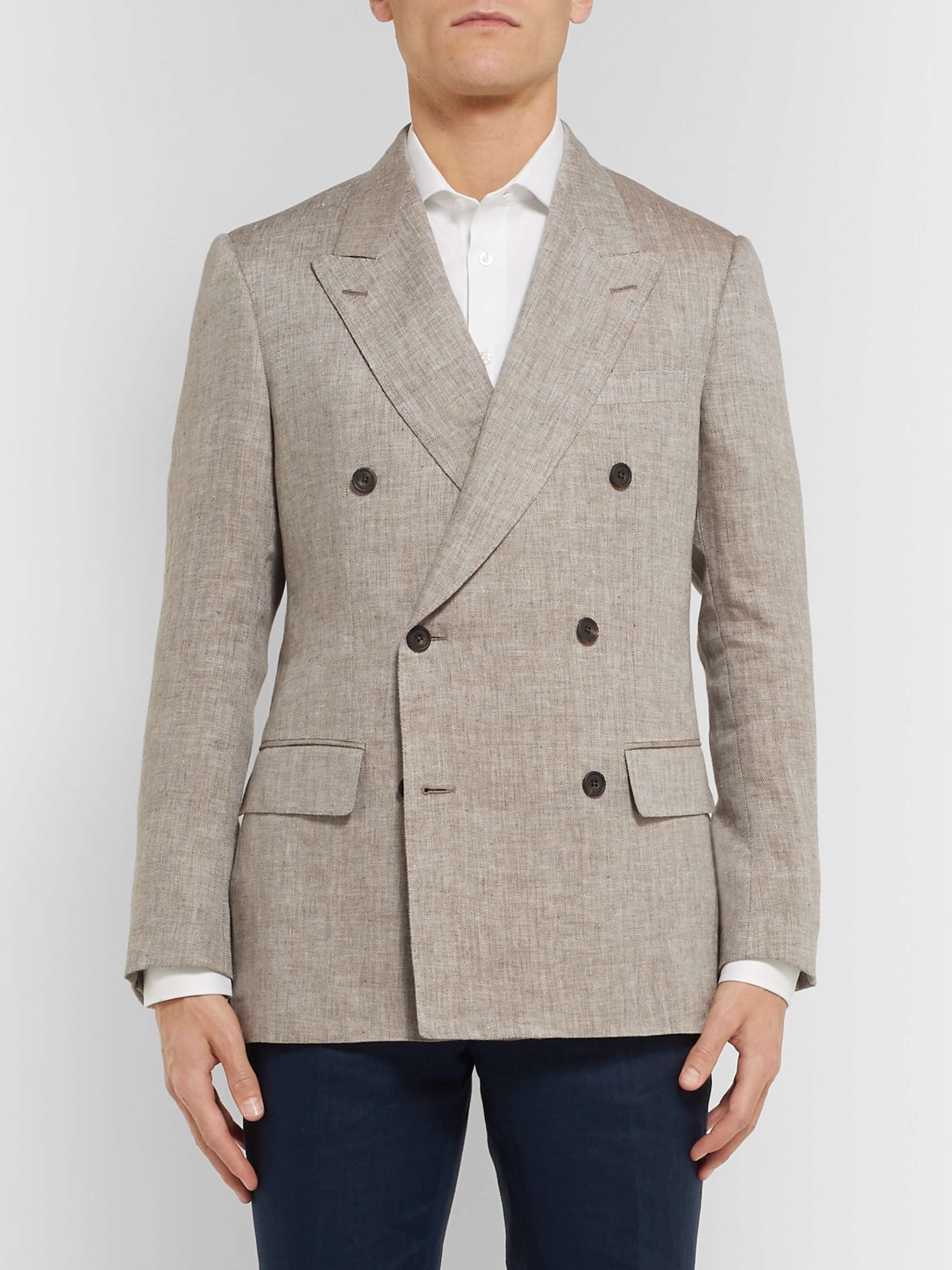 KINGSMAN Beige Slim-Fit Herringbone Linen Blazer