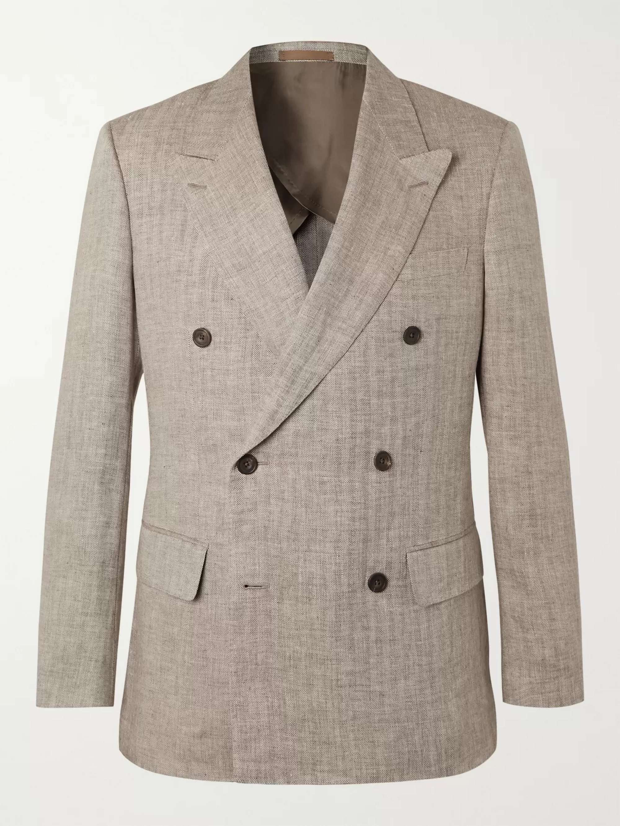 KINGSMAN Beige Slim-Fit Herringbone Linen Blazer