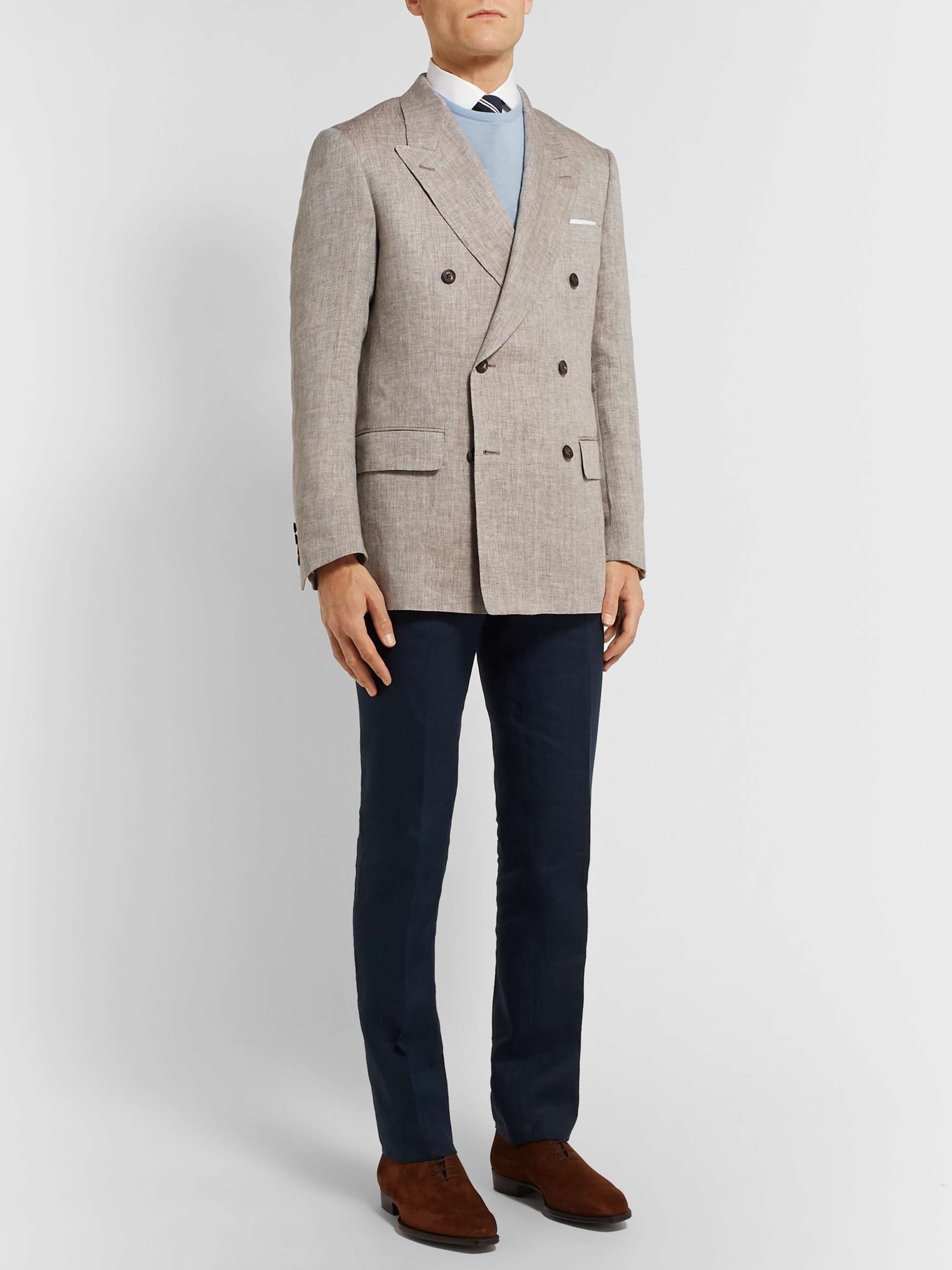 KINGSMAN Beige Slim-Fit Herringbone Linen Blazer