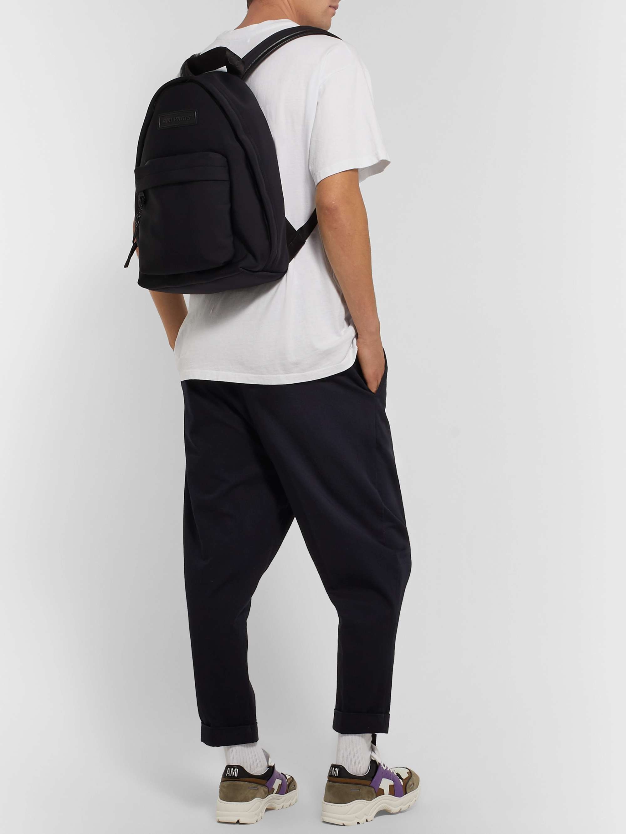 AMI PARIS Logo-Appliquéd Leather-Trimmed Neoprene Backpack
