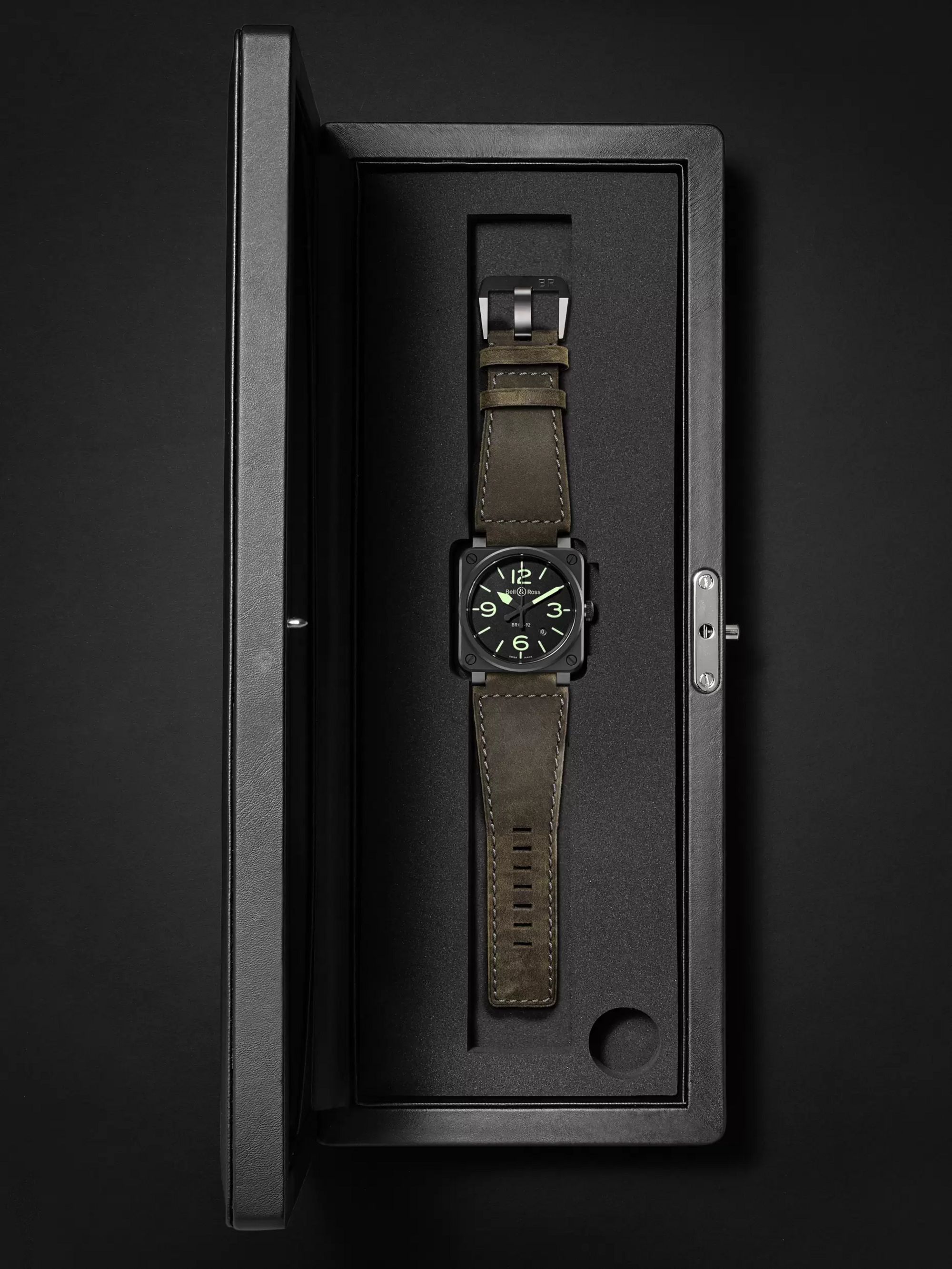 BELL & ROSS BR 03-92 Nightlum Automatic 42mm Ceramic and Leather Watch, Ref. No. BR0392-BL3-CE/SCA