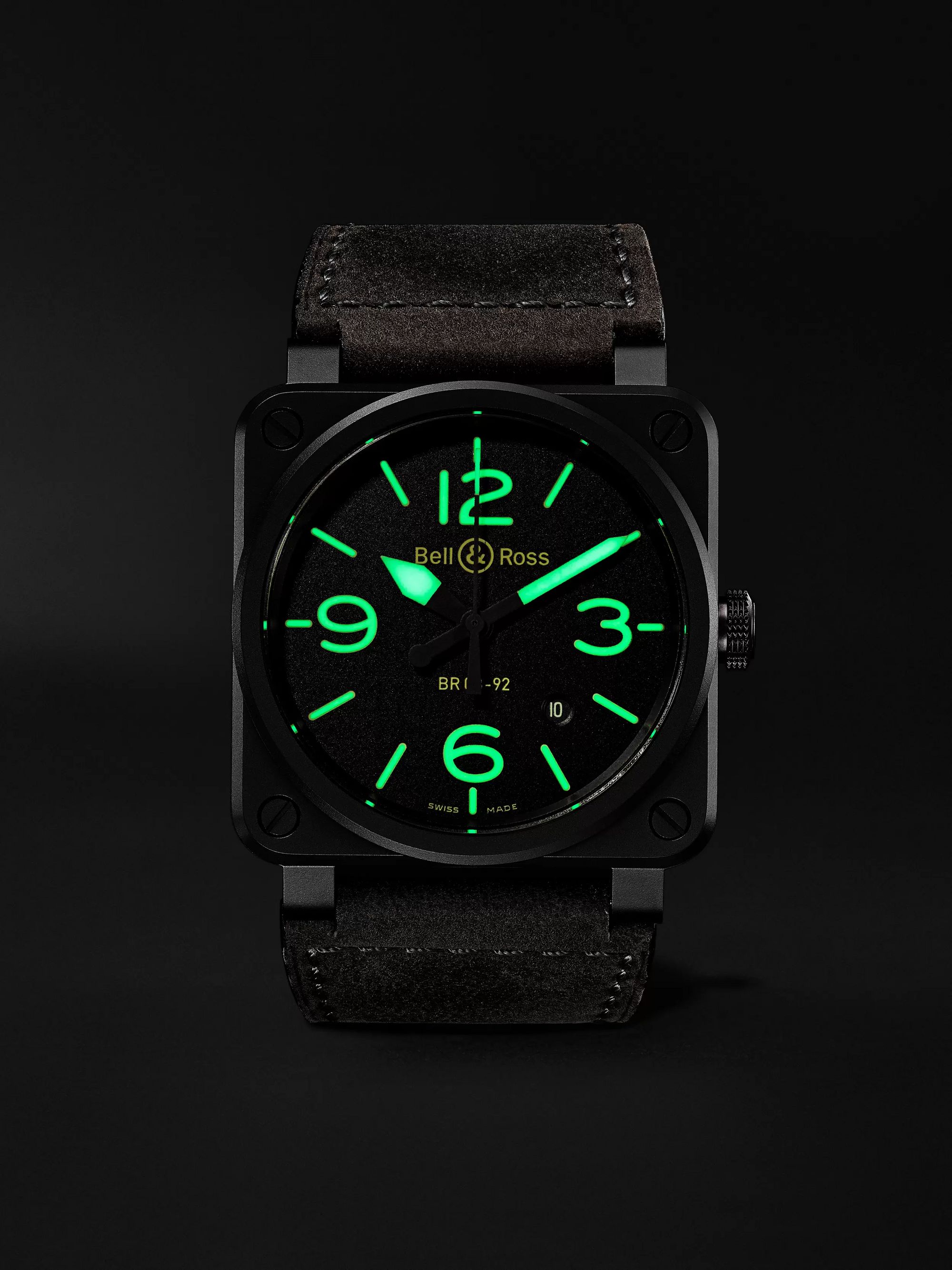 BELL & ROSS BR 03-92 Nightlum Automatic 42mm Ceramic and Leather Watch, Ref. No. BR0392-BL3-CE/SCA