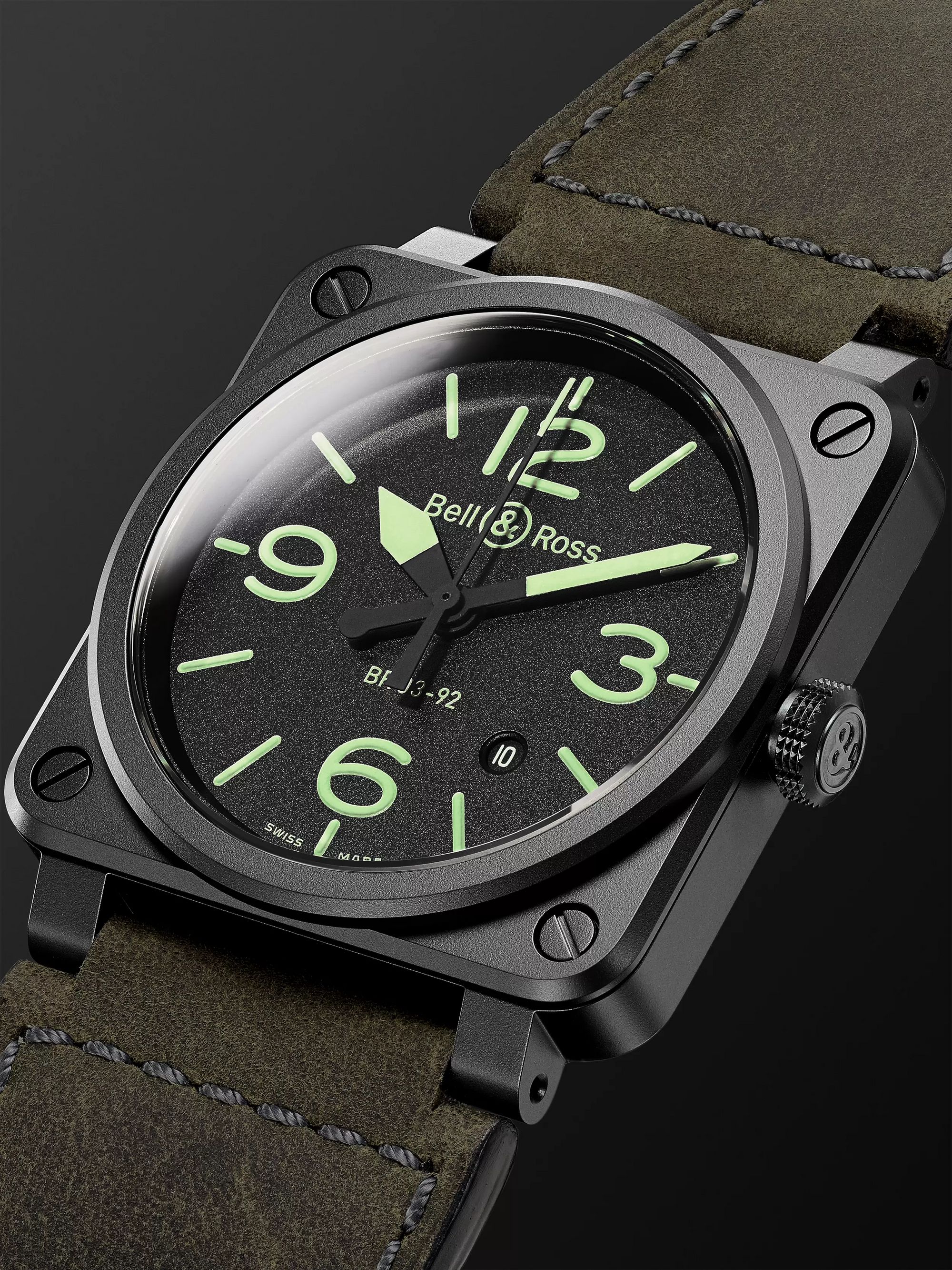 BELL & ROSS BR 03-92 Nightlum Automatic 42mm Ceramic and Leather Watch, Ref. No. BR0392-BL3-CE/SCA