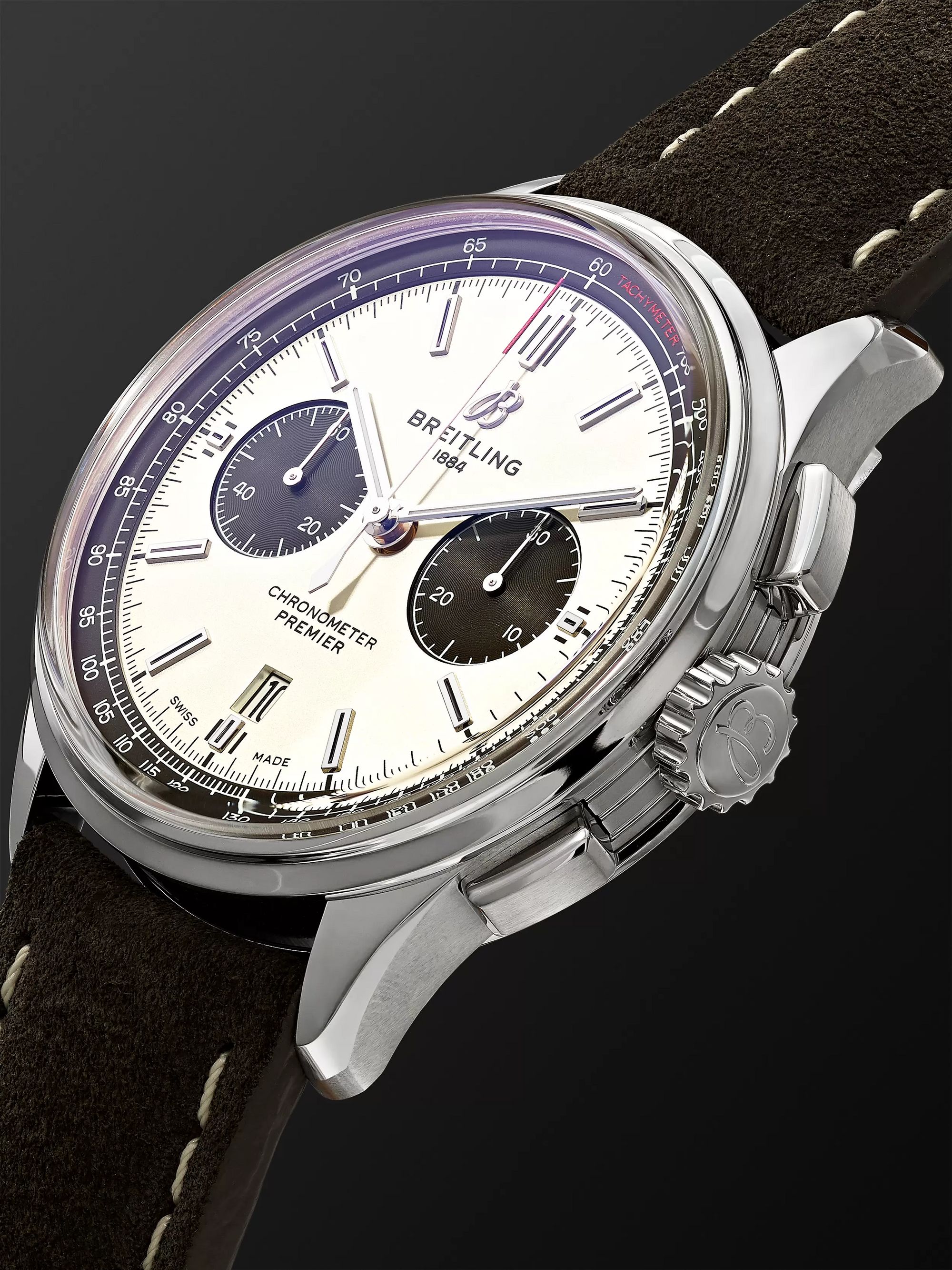BREITLING Premier B01 Automatic Chronograph 42mm Stainless Steel and Nubuck Watch, Ref. No. AB0118221G1X1