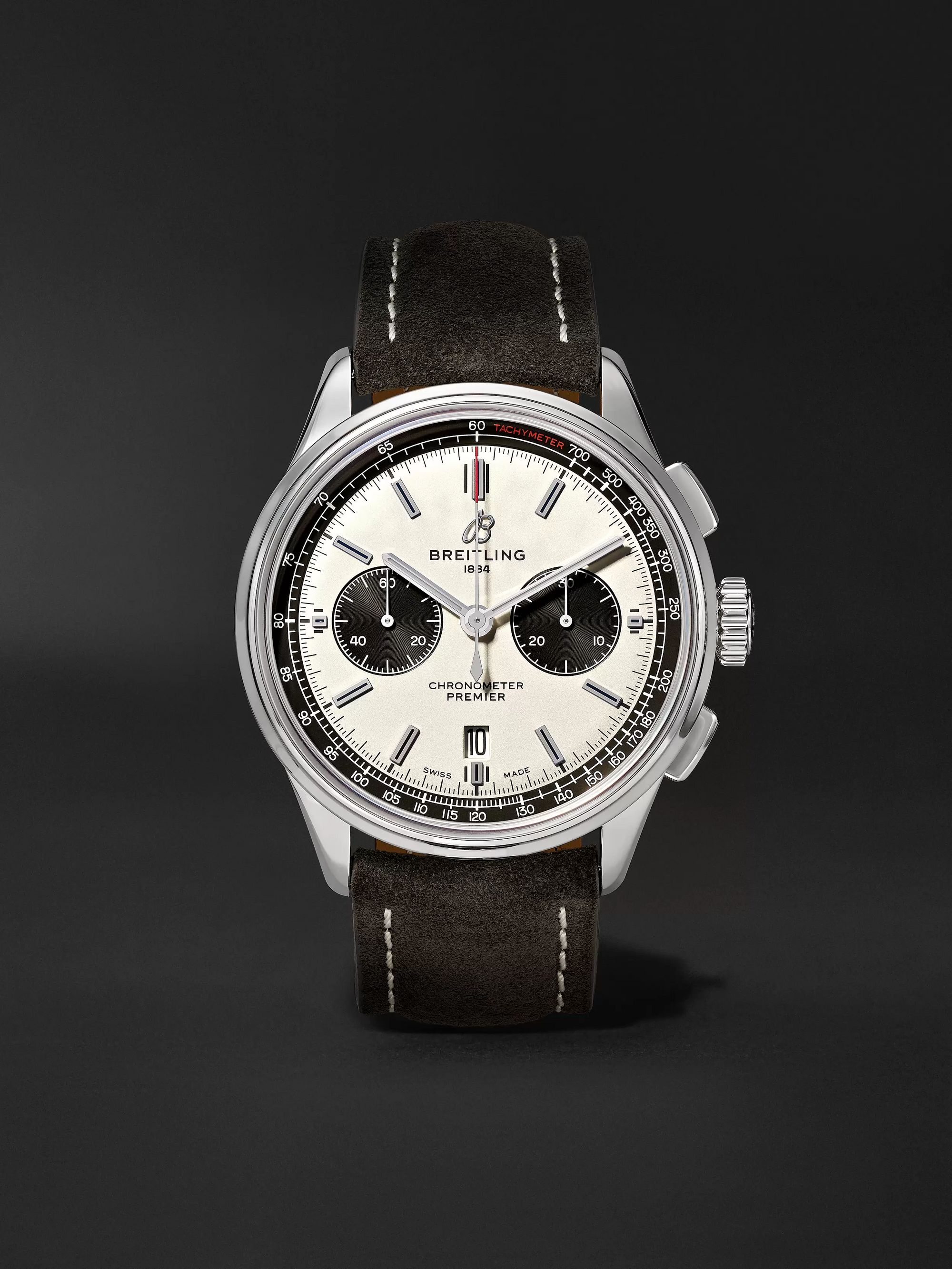 BREITLING Premier B01 Automatic Chronograph 42mm Stainless Steel and Nubuck Watch, Ref. No. AB0118221G1X1