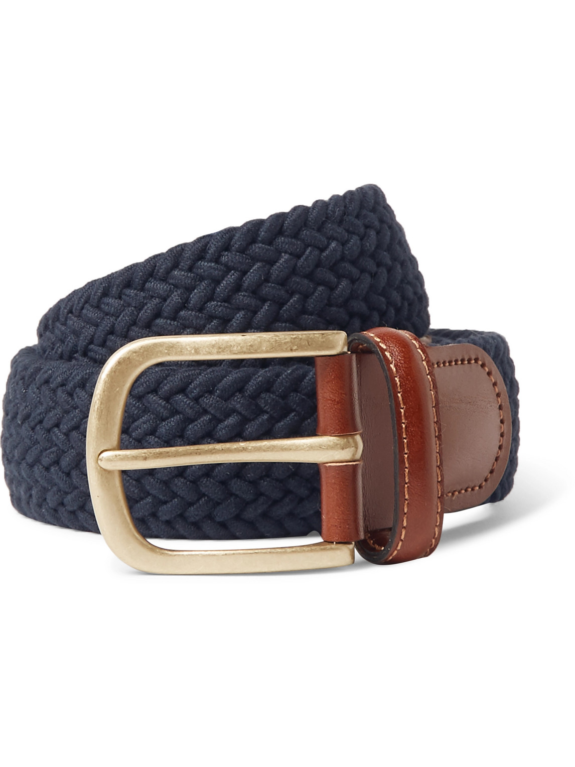Anderson & Sheppard 3.5cm Midnight-blue Leather-trimmed Woven Stretch-cotton Belt