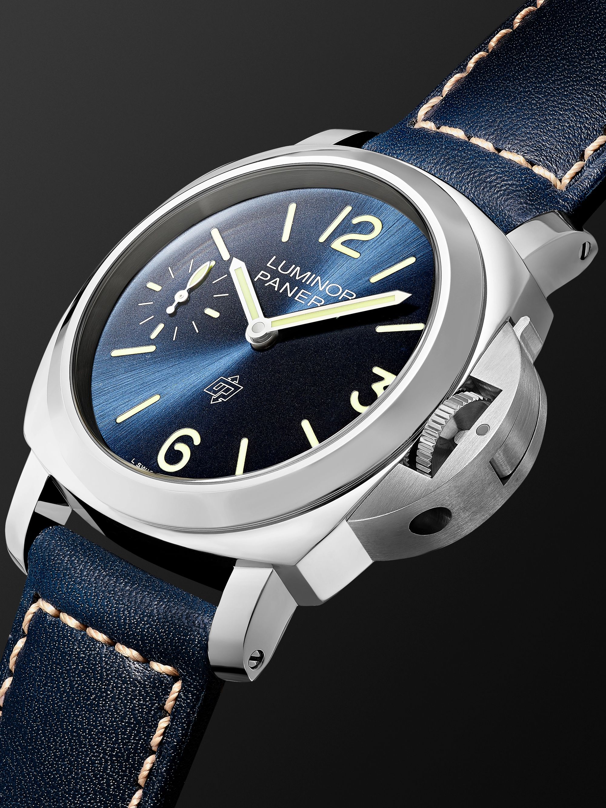 PANERAI Luminor Blu Mare Hand-Wound 44mm Stainless Steel and Leather Watch, Ref. No. PAM1085