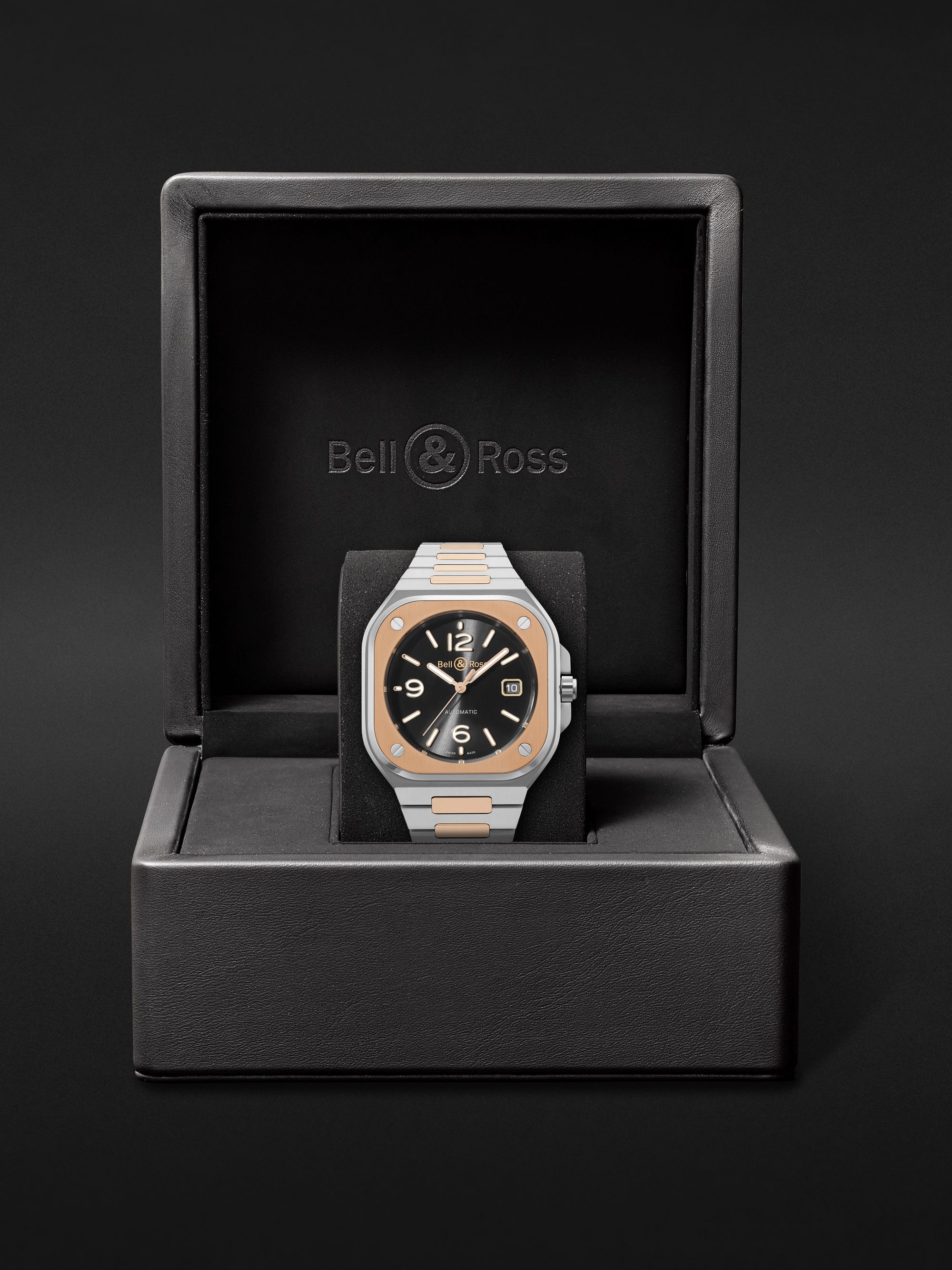 BELL & ROSS BR 05 Black Steel and Gold Automatic 40mm 18-Karat Rose Gold and Steel Watch, Ref. No. BR05A-BL-STPG/SSG