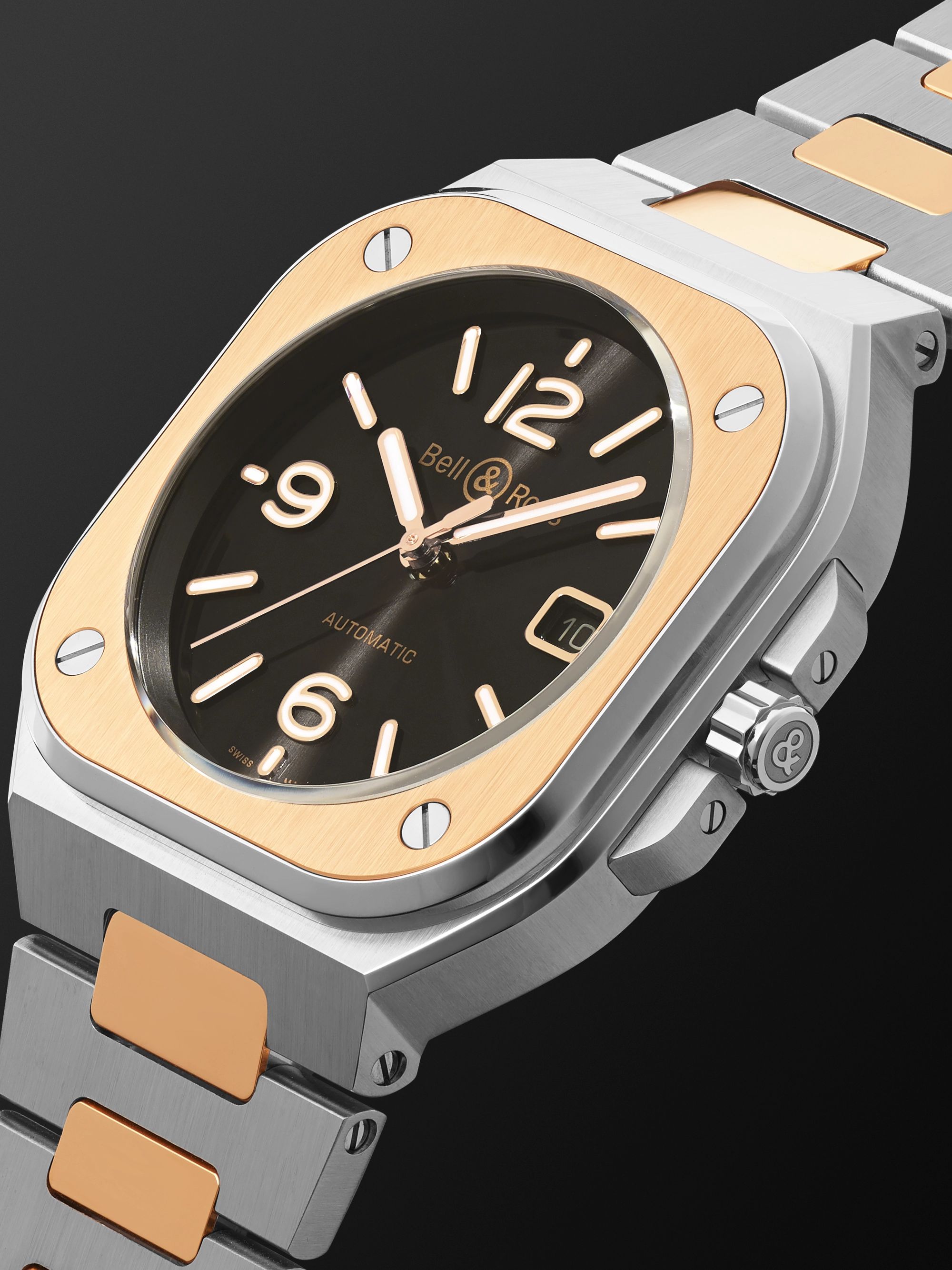 BELL & ROSS BR 05 Black Steel and Gold Automatic 40mm 18-Karat Rose Gold and Steel Watch, Ref. No. BR05A-BL-STPG/SSG