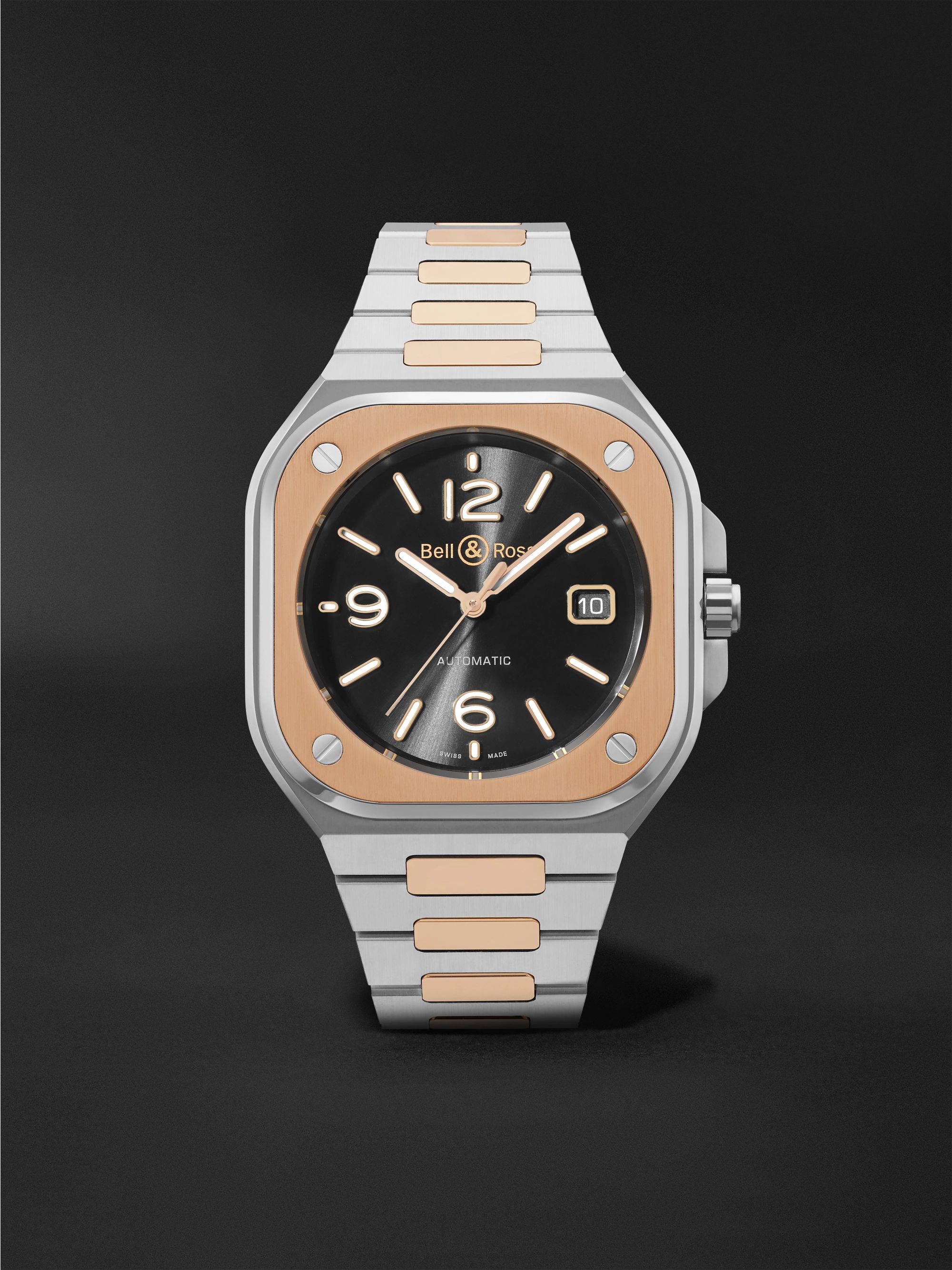 BELL & ROSS BR 05 Black Steel and Gold Automatic 40mm 18-Karat Rose Gold and Steel Watch, Ref. No. BR05A-BL-STPG/SSG